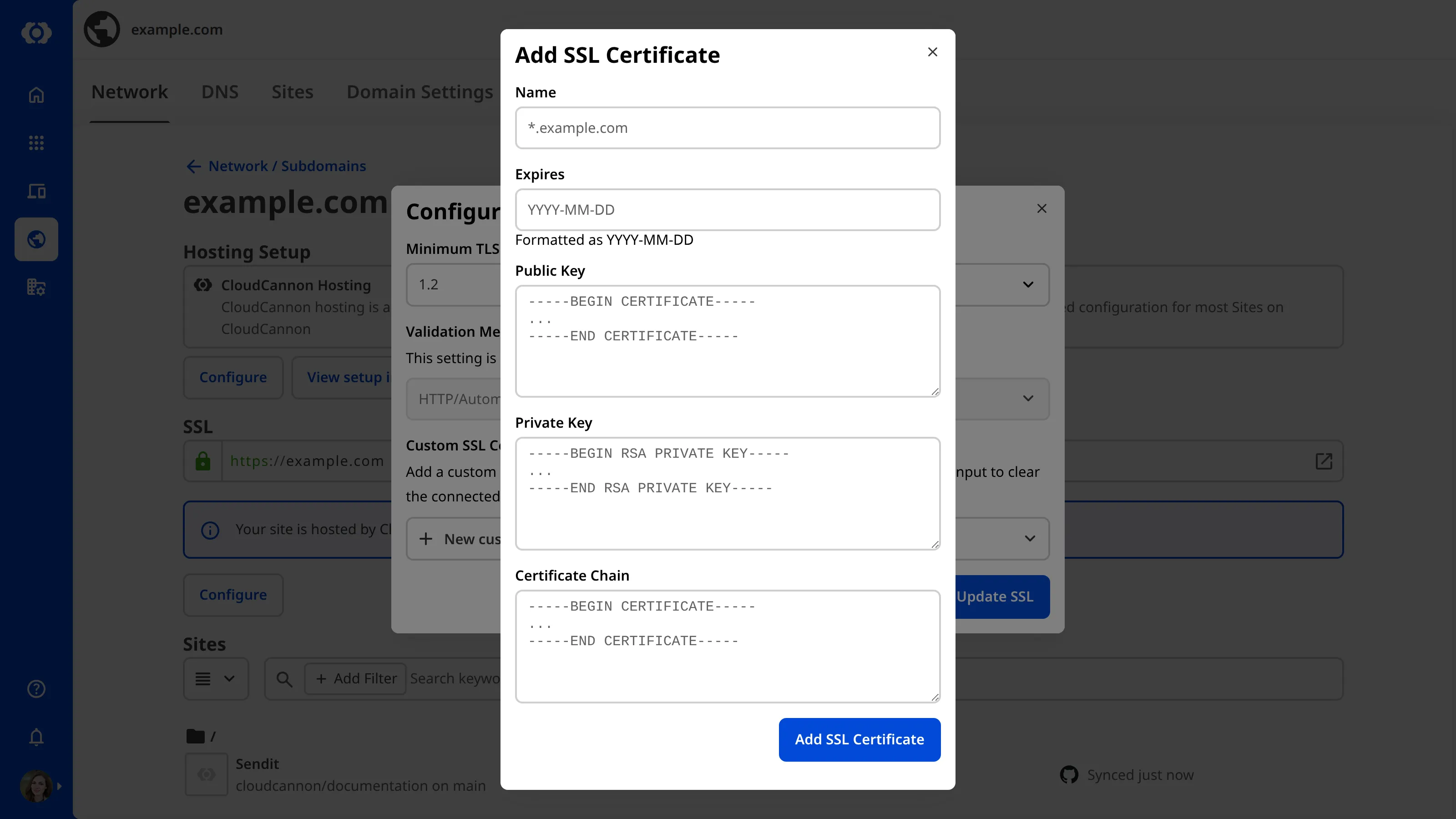 A screenshot of the Add SSL Certificate modal showing fields for Name, Expires, Public Key, Private Key, and Certificate Chain.