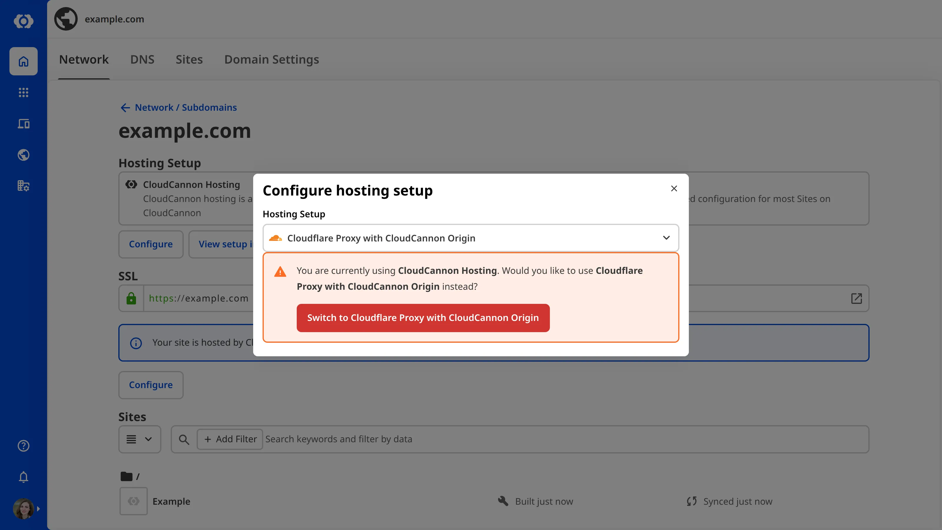 The Custom Domain page A screenshot of the Custom Domain page shows the Cloudflare Proxy with CloudCannon Origin option in the Hosting Setup dropdown.