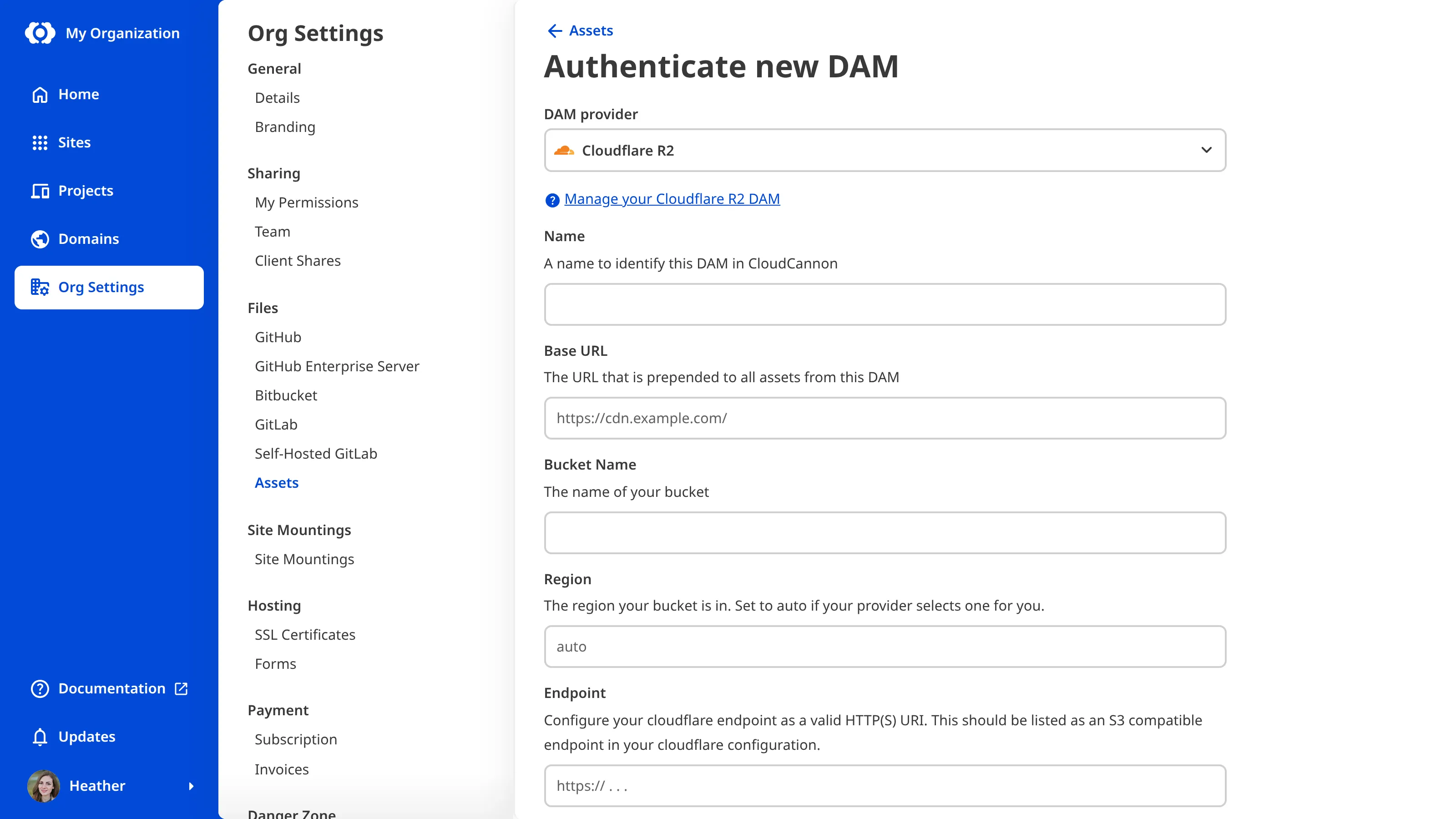 The form for authenticating an R2 DAM Screenshot of the CloudCannon form for authenticating an R2 DAM