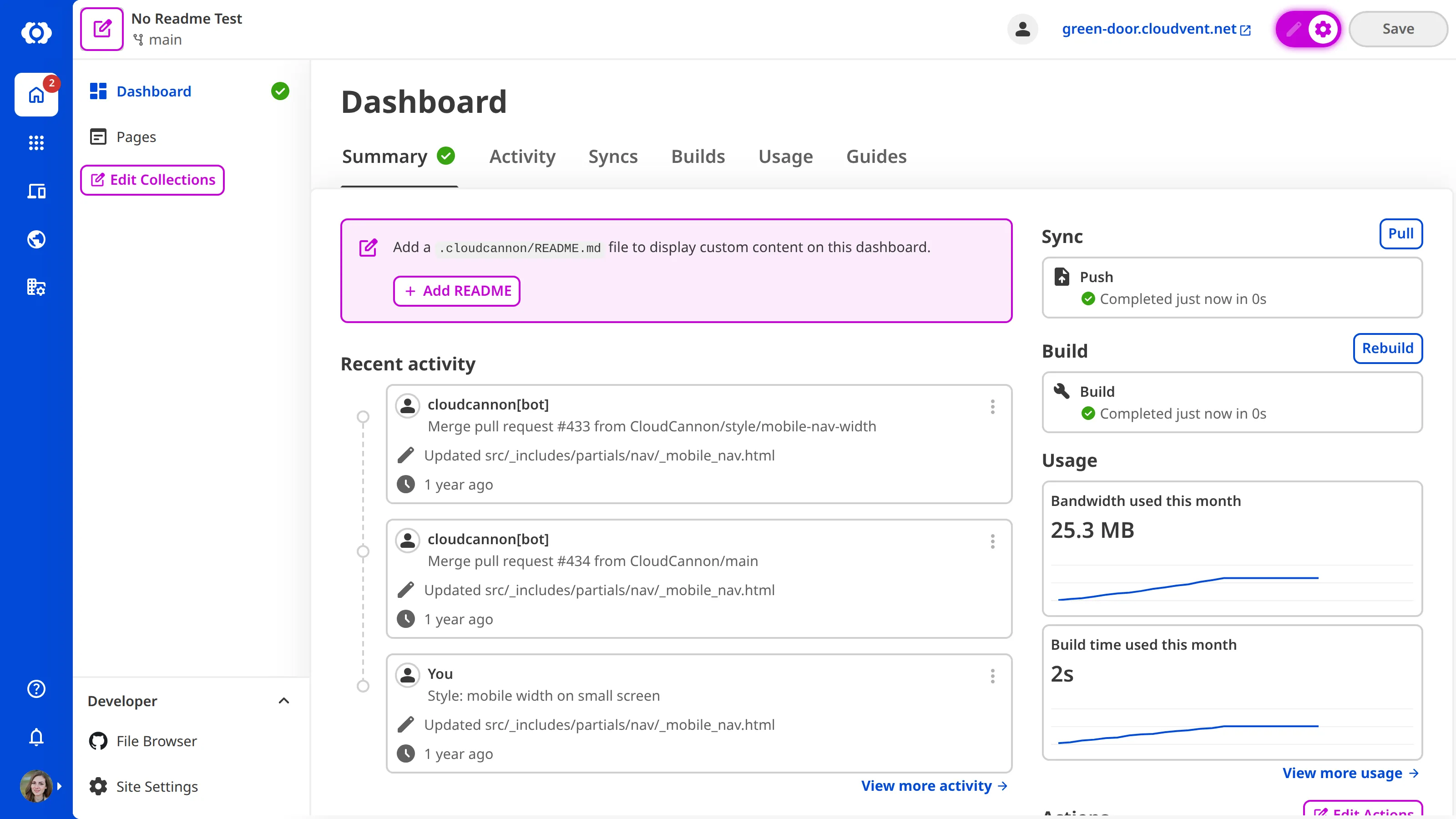 A screenshot of the Site Dashboard with Configuration Mode on shows a purple + Add README button.