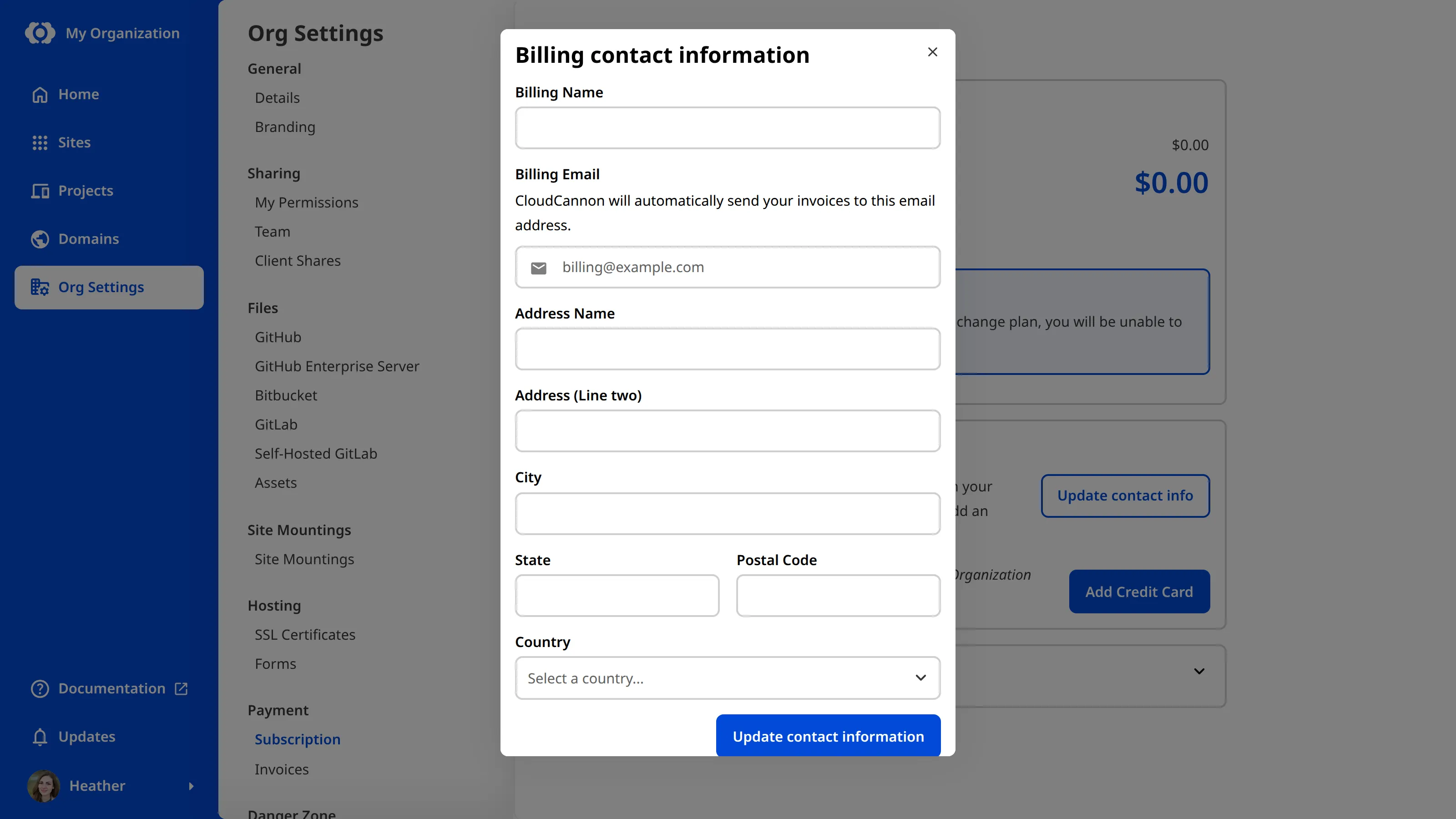 The Billing Contacts page Screenshot of adding your Billing email and address to your CloudCannon invoices.