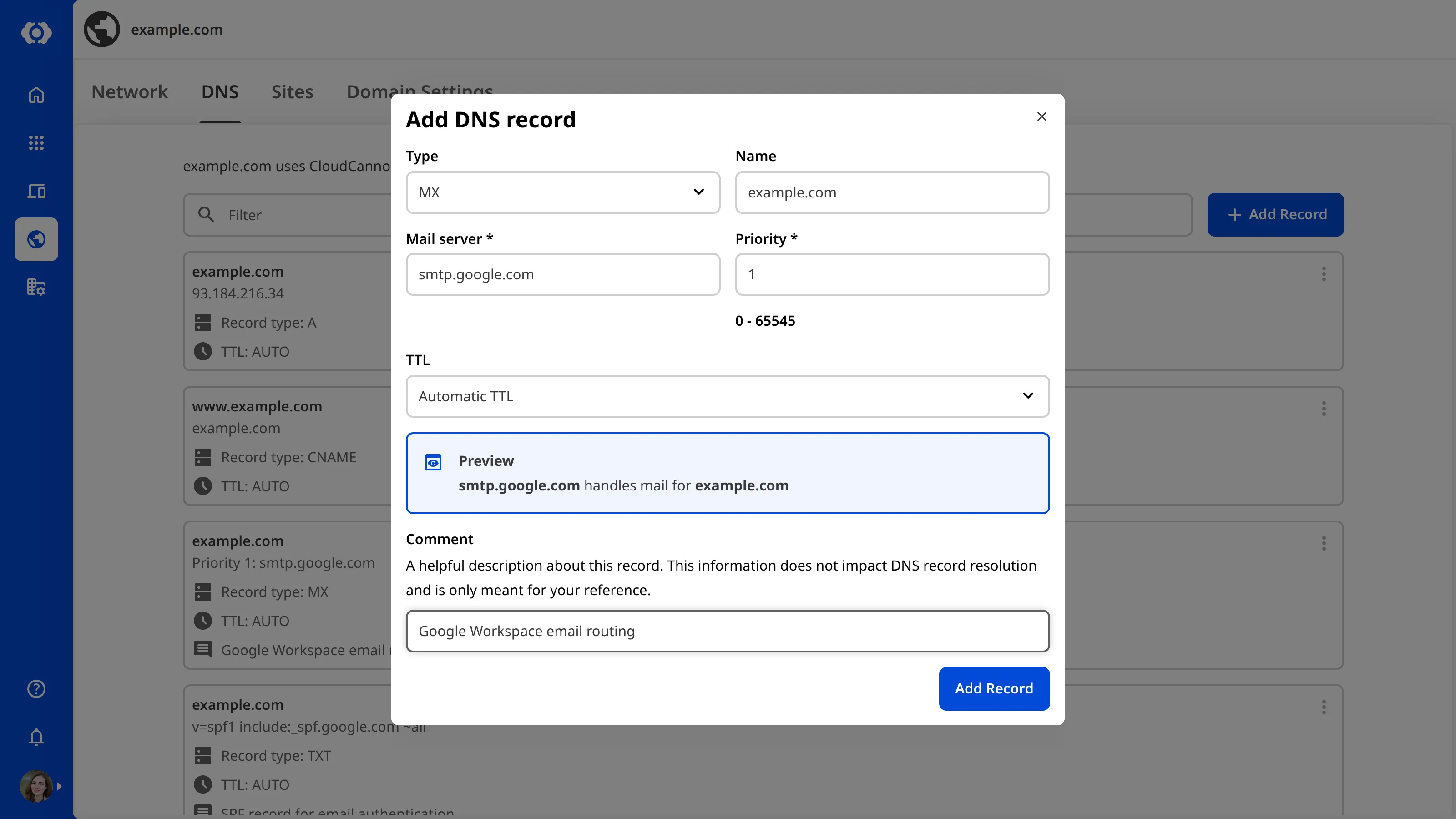 A screenshot of the DNS tab on the Domain page showing the Add DNS Record modal with fields for Type, Name, IPv4 Address and TTL.