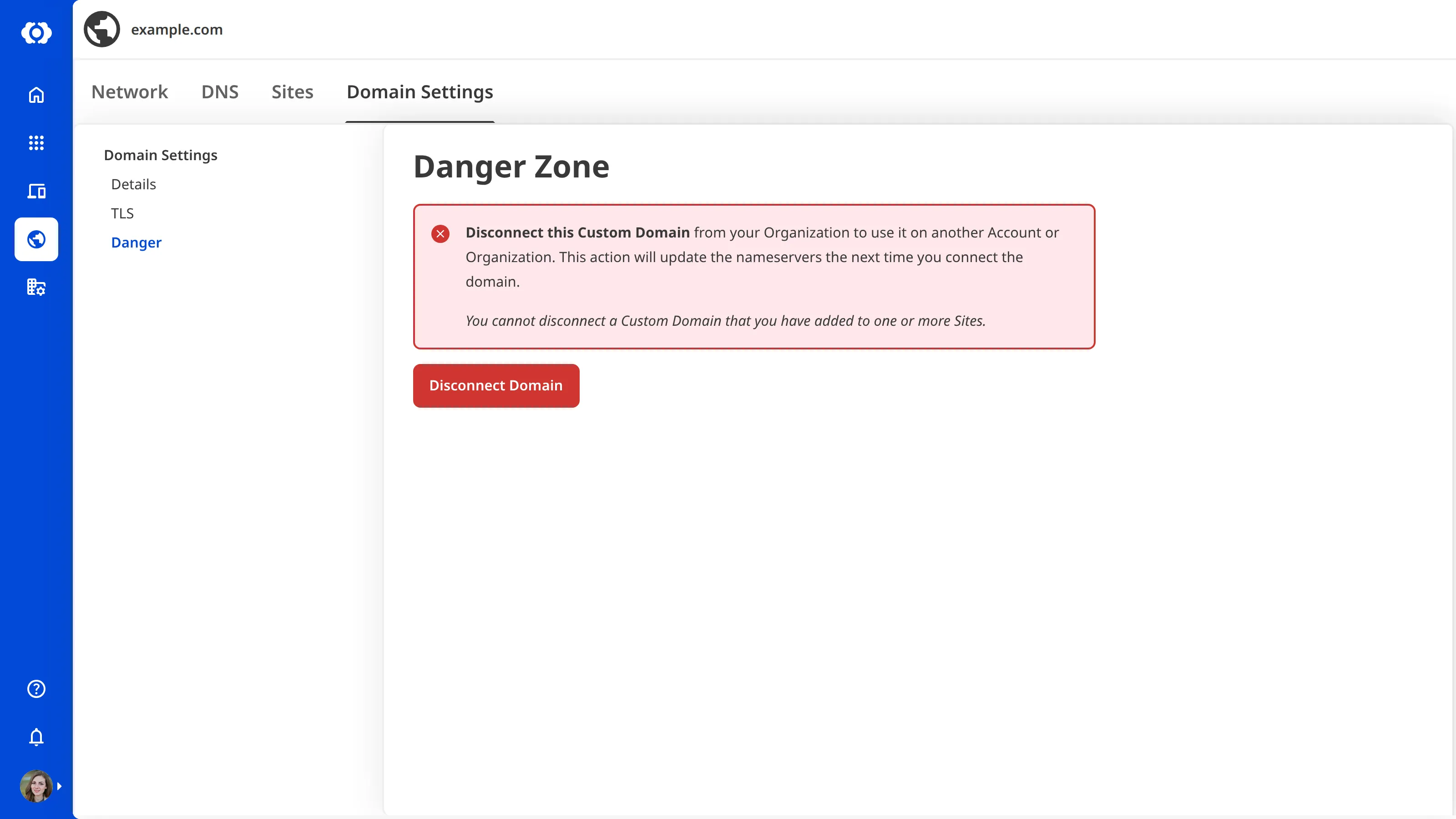 A screenshot of the Domain Settings tab on the Domain page shows the Disconnect Domain button and a warning notification.