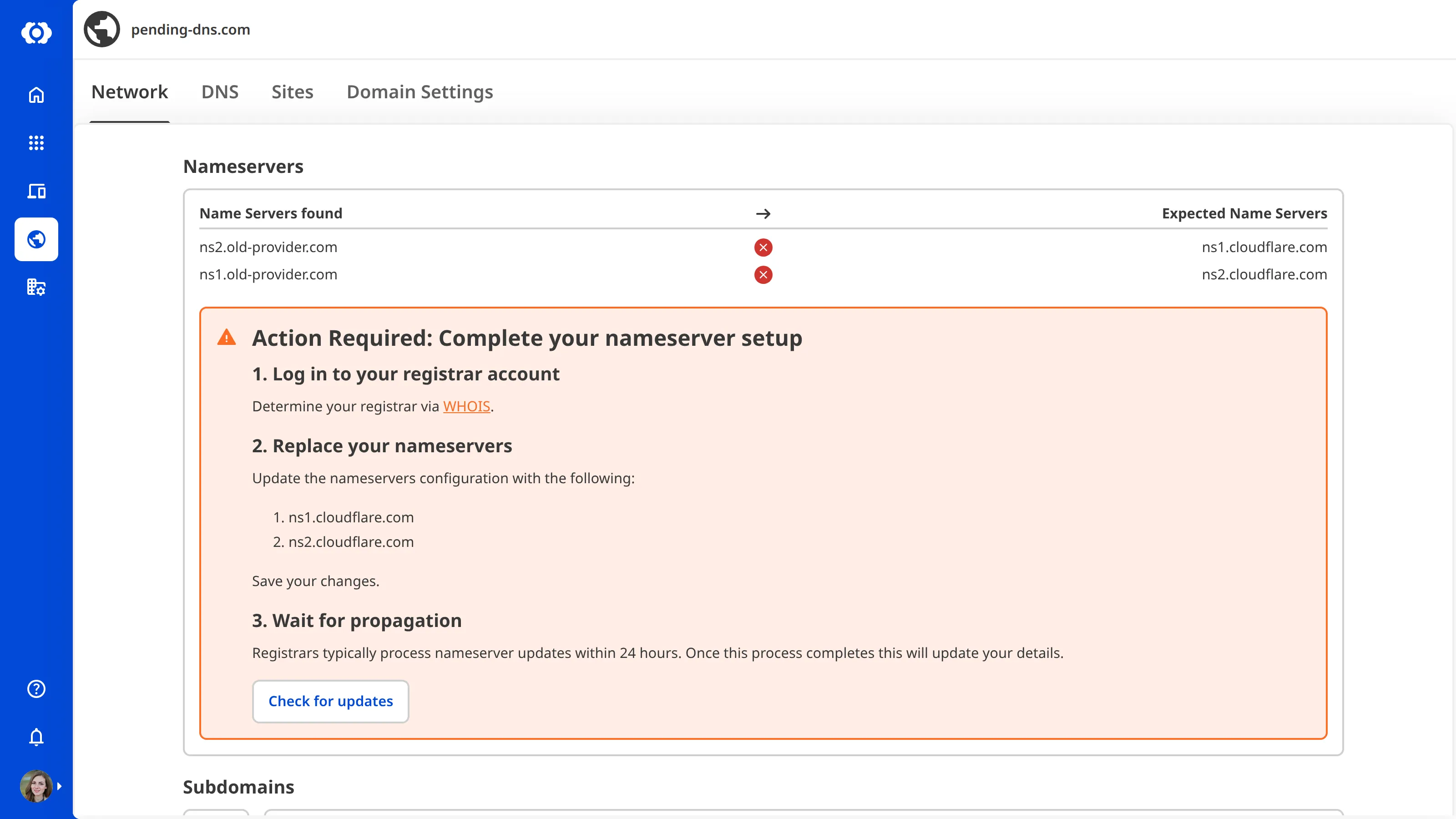 A screenshot of the Domain Network page shows the nameserver setup instructions for a domain with misconfigured nameservers.