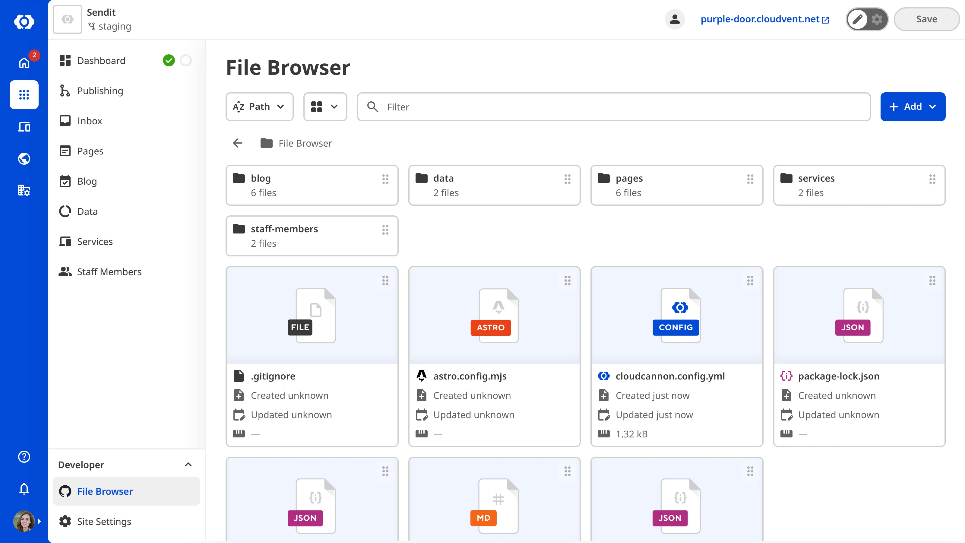 A screenshot of the File browser shows several Site files, sort and view dropdowns, the file filter, and the + Add button.