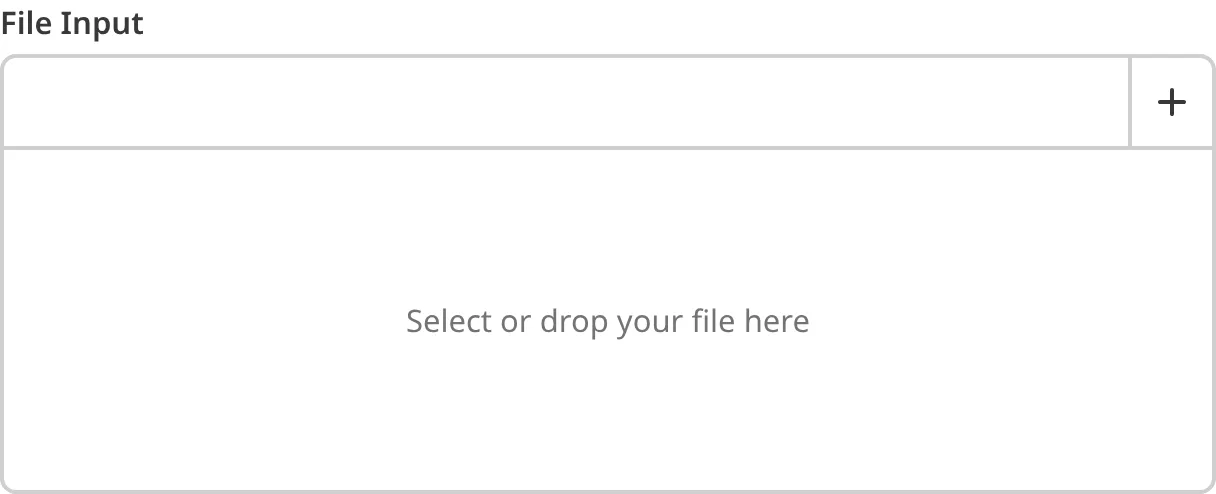 A screenshot of an empty File Input in the Data Editor shows a text field, a plus button, and a drag-and-drop area.