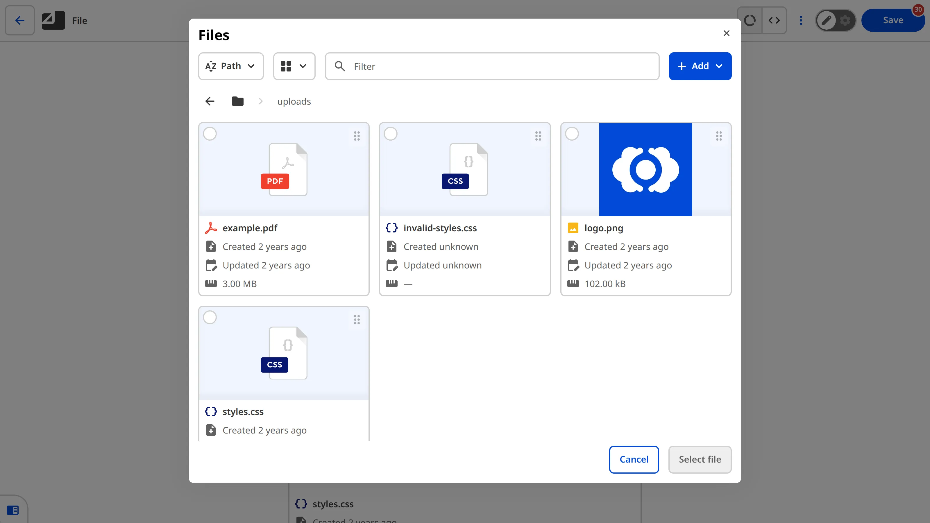 A screenshot of the File Input File Browser shows the default upload location for files, with three files you can select as the Input value.