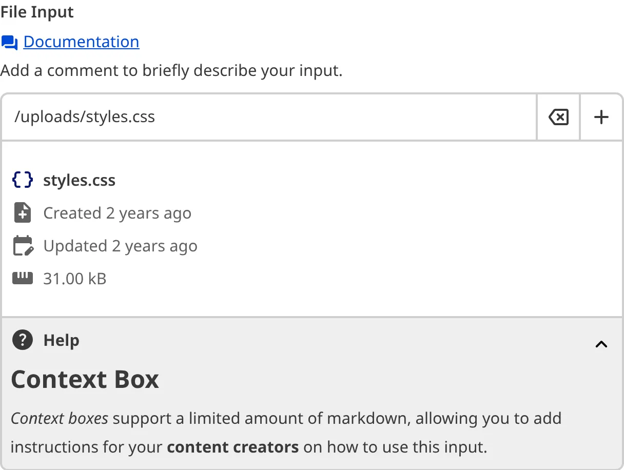 A screenshot of the File Input in the Data Editor with a Context Box underneath the text area.