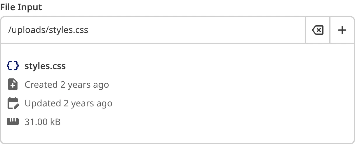 A screenshot of the File Input in the Data Editor shows the preview and metadata for the selected CSS file.