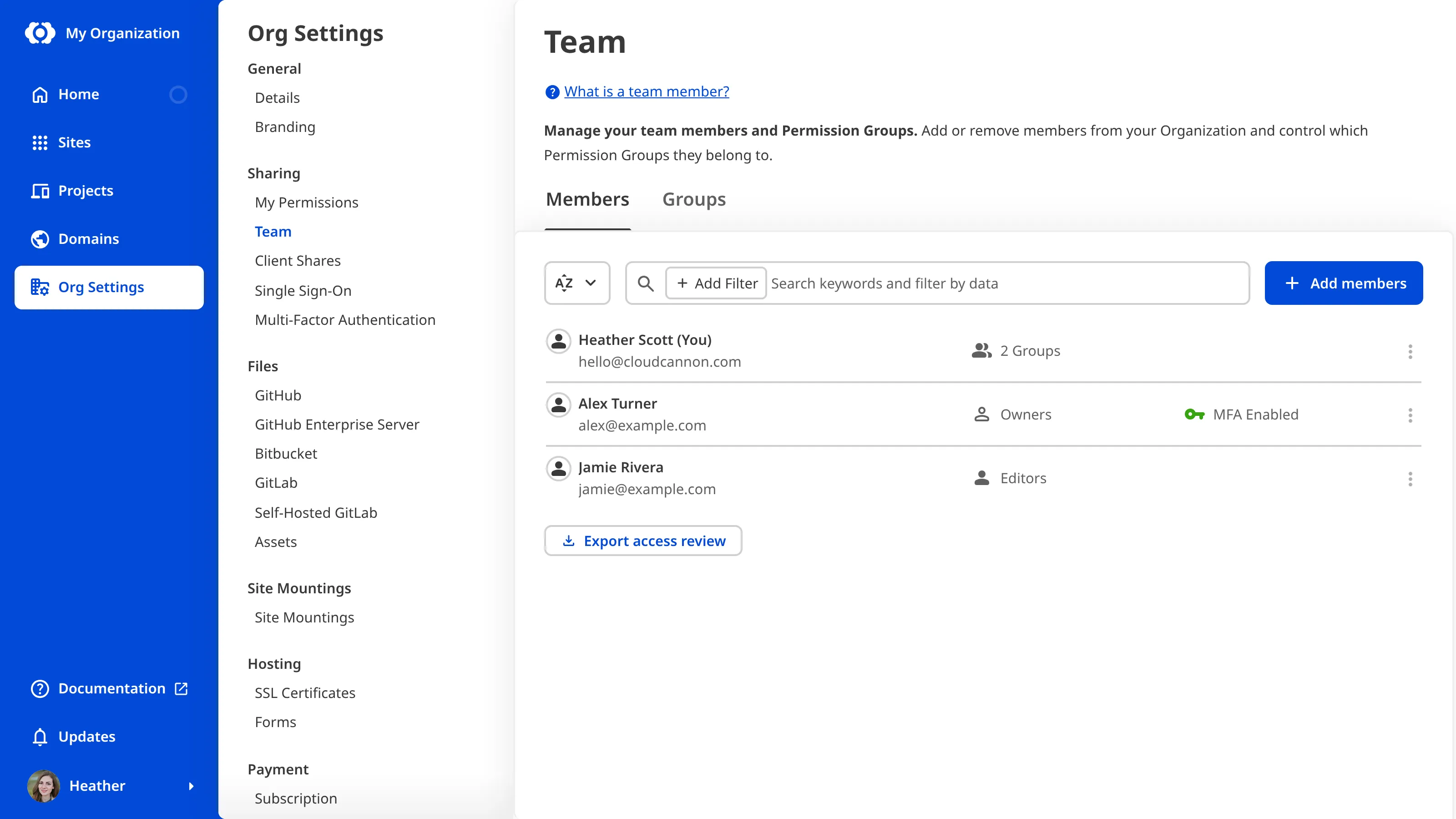 A screenshot of the Team page shows which team members have enabled MFA.