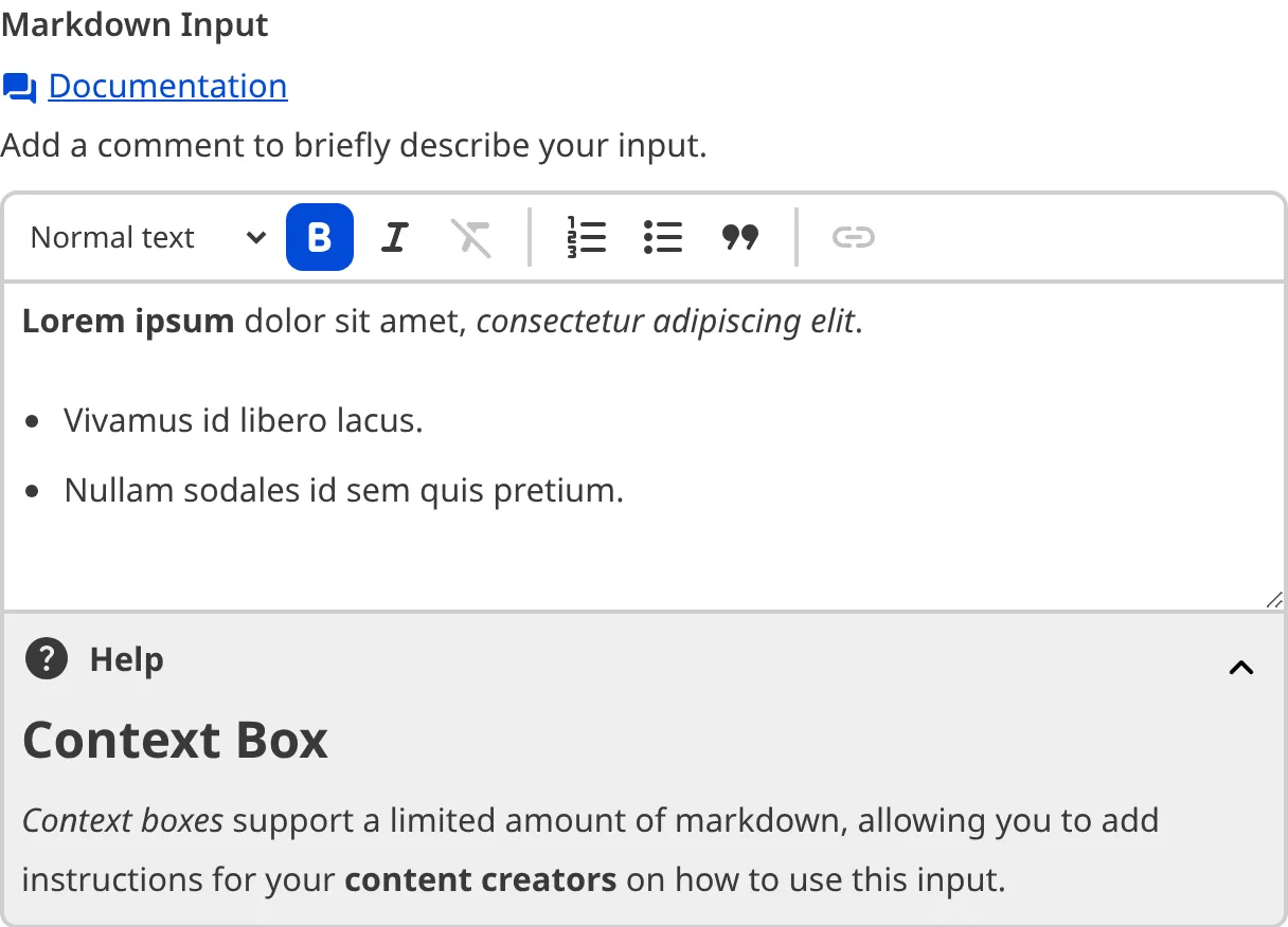 Markdown Input with Context Box A screenshot of the Markdown Input in the Data Editor with a Context Box underneath the text area.