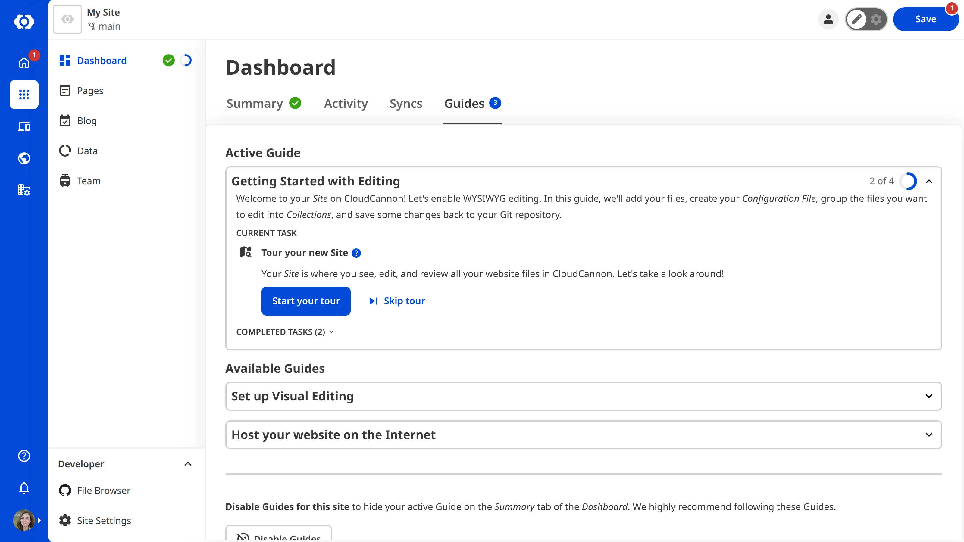 A screenshot of the Guides tab on the Site Dashboard shows one active guide and several other available guides.