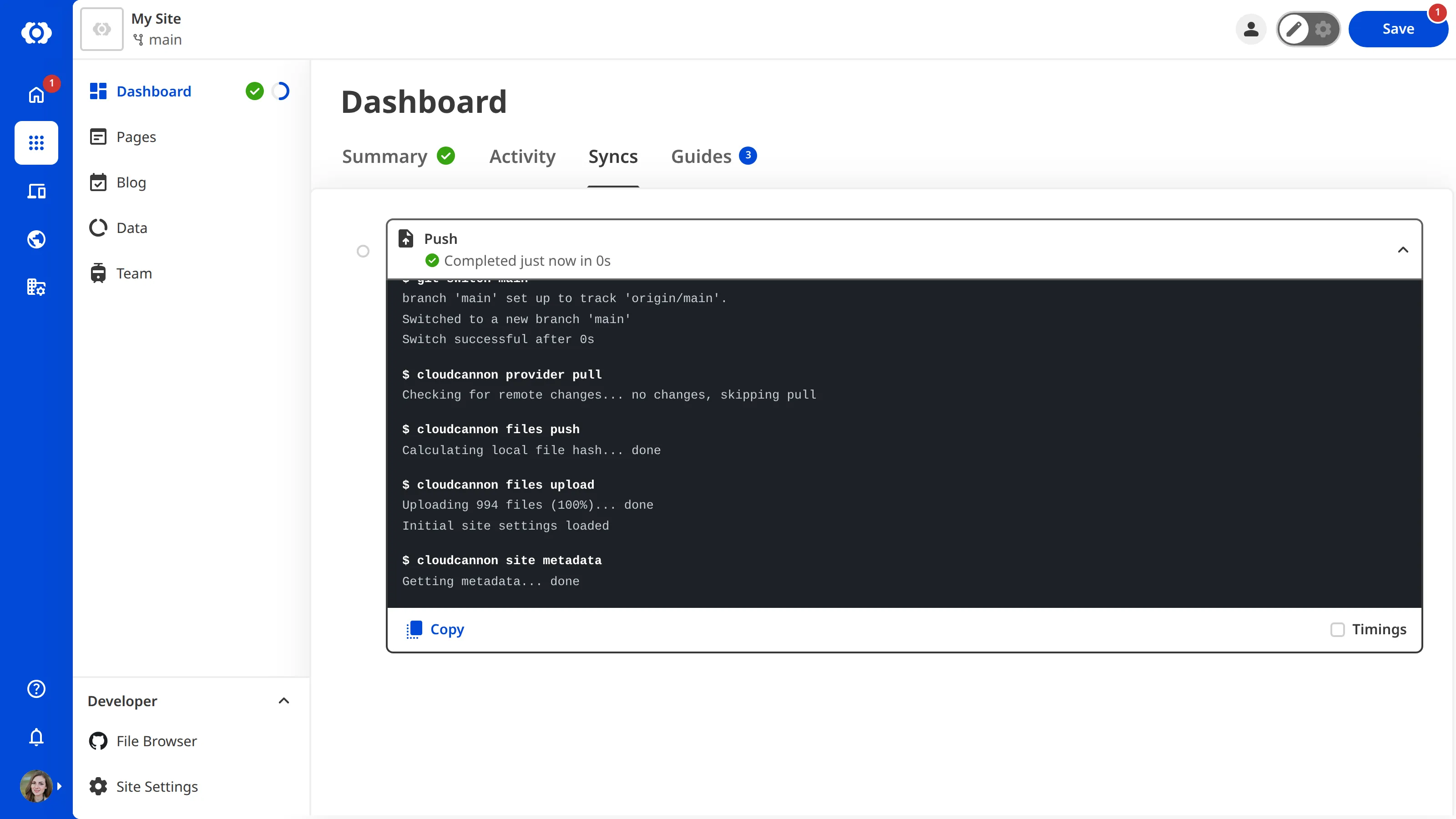 A screenshot of the Syncs tab on the Site Dashboard shows one Sync log.