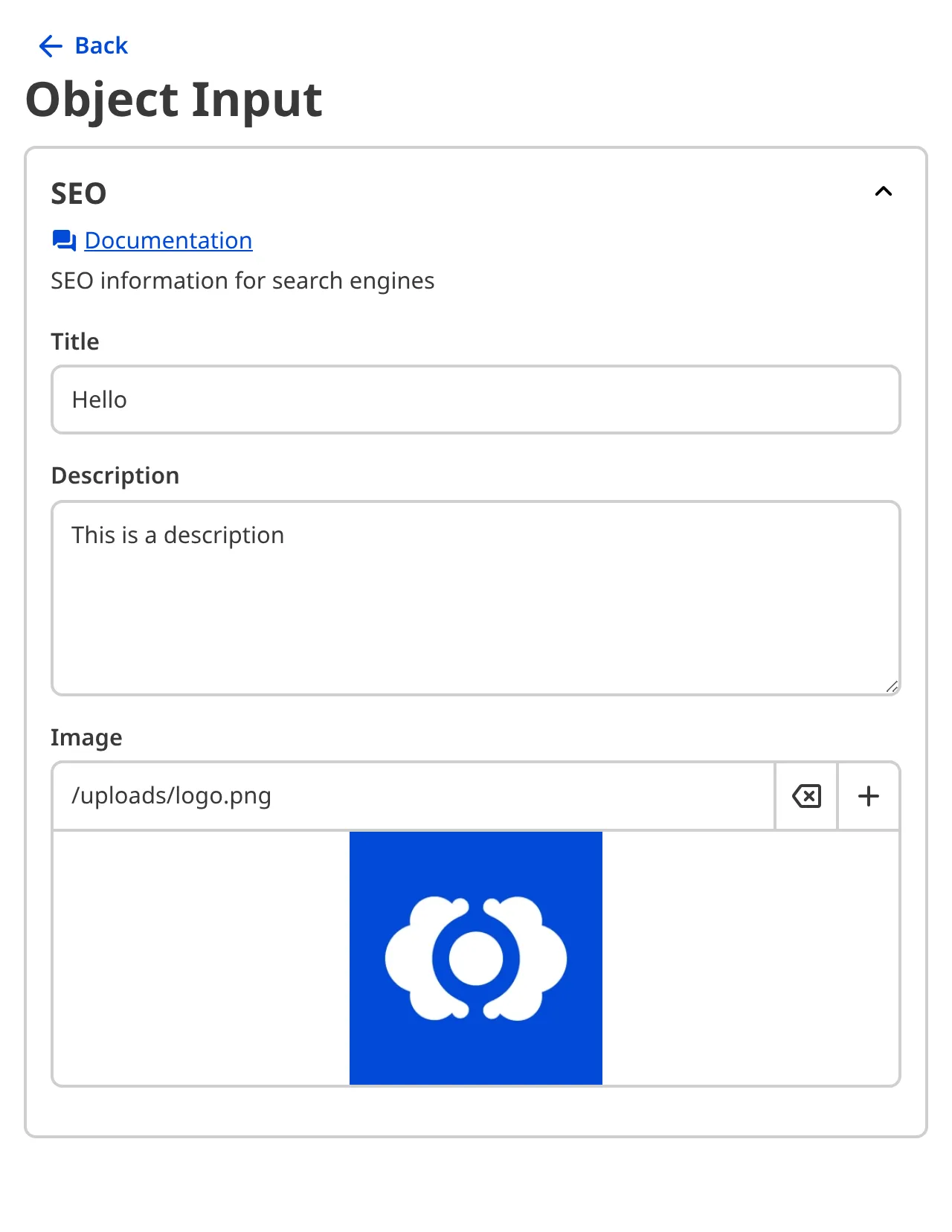 A screenshot of the nested content within an Object Input in the Data Editor shows groups, heading, documentation links, and comments.
