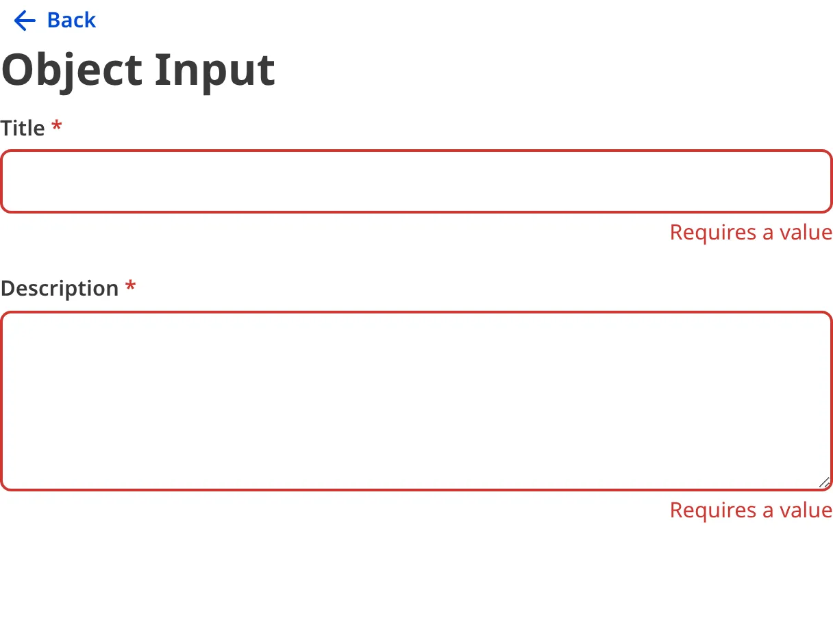 A screenshot of the invalid nested inputs within an Object input in the Data Editor.