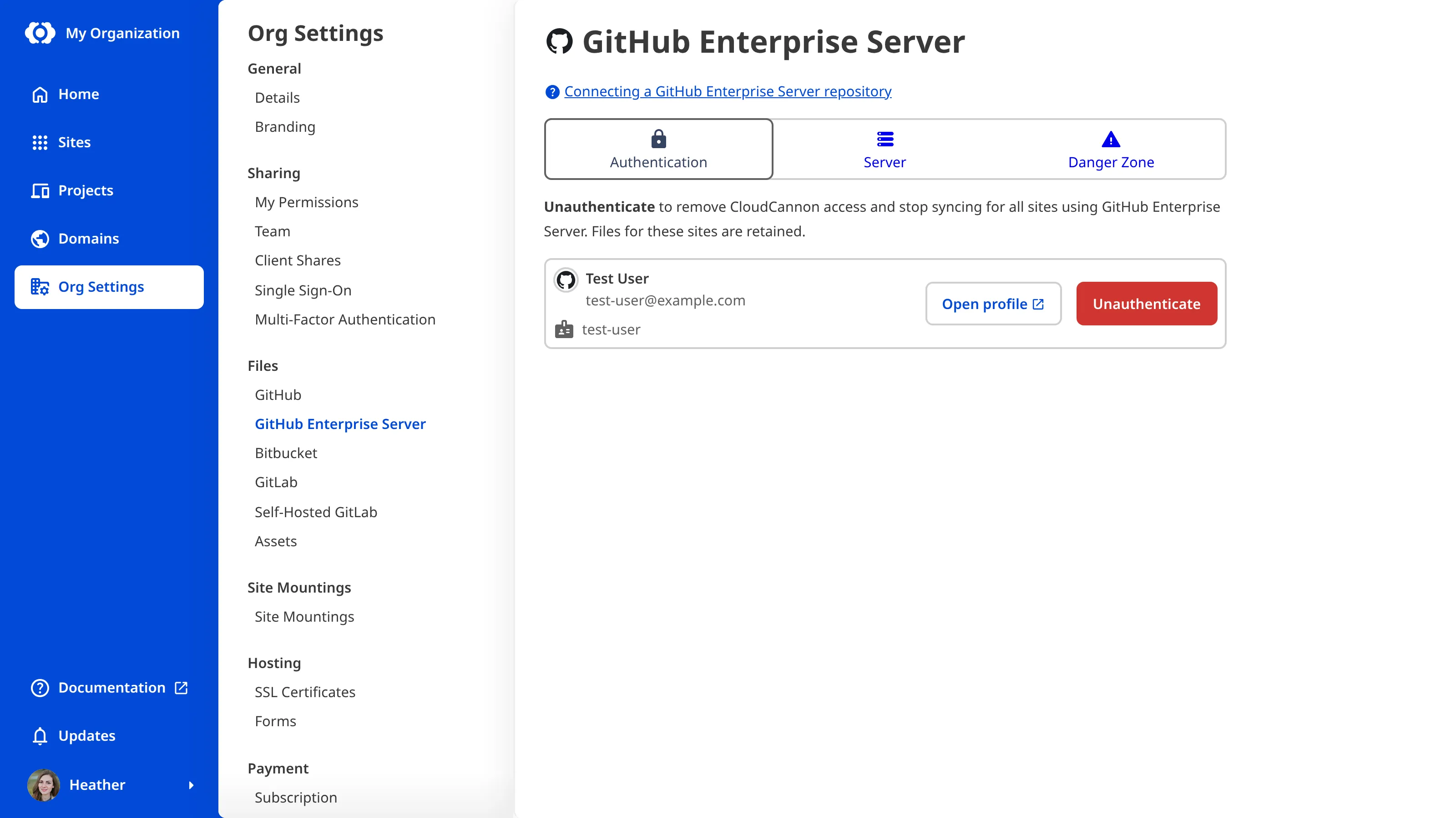 A screenshot of the Organization Settings page for GitHub Enterprise Server shows the configured and authenticated state with Authentication, Server, and Danger Zone tabs.