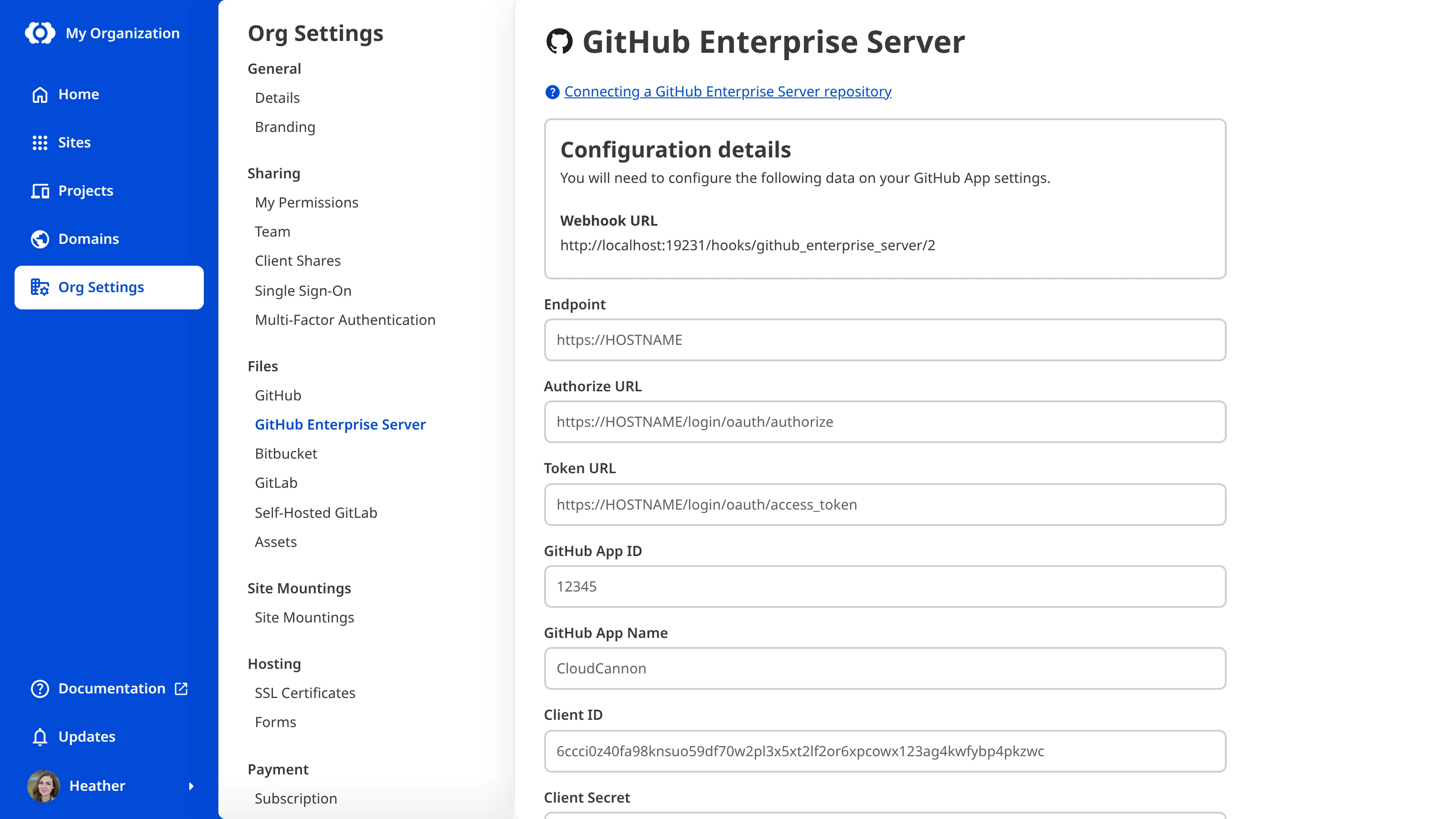 The Organization Settings page for GitHub Enterprise Server showing the initial configuration form with fields for Endpoint, Authorize URL, Token URL, GitHub App details, and keys.
