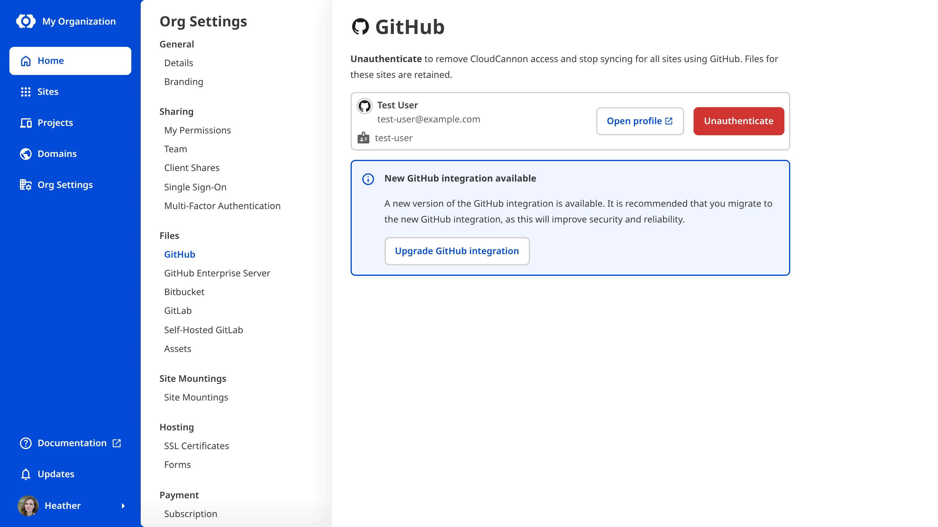 A screenshot of the GitHub Organization Settings page shows a migration banner prompting the user to migrate to the GitHub App integration.