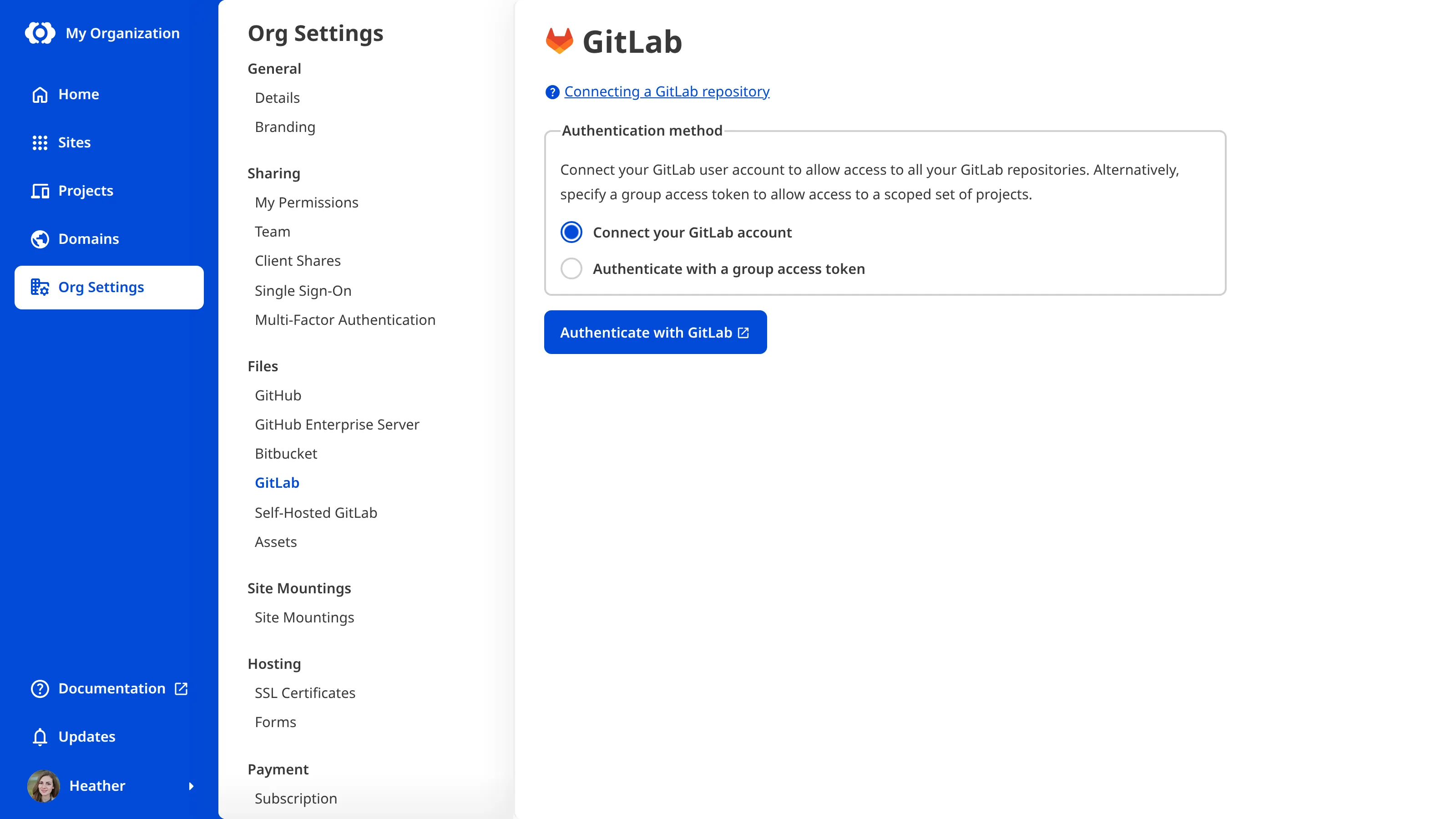 The GitLab Organization Settings page showing the OAuth authentication option with an Authenticate with GitLab button.