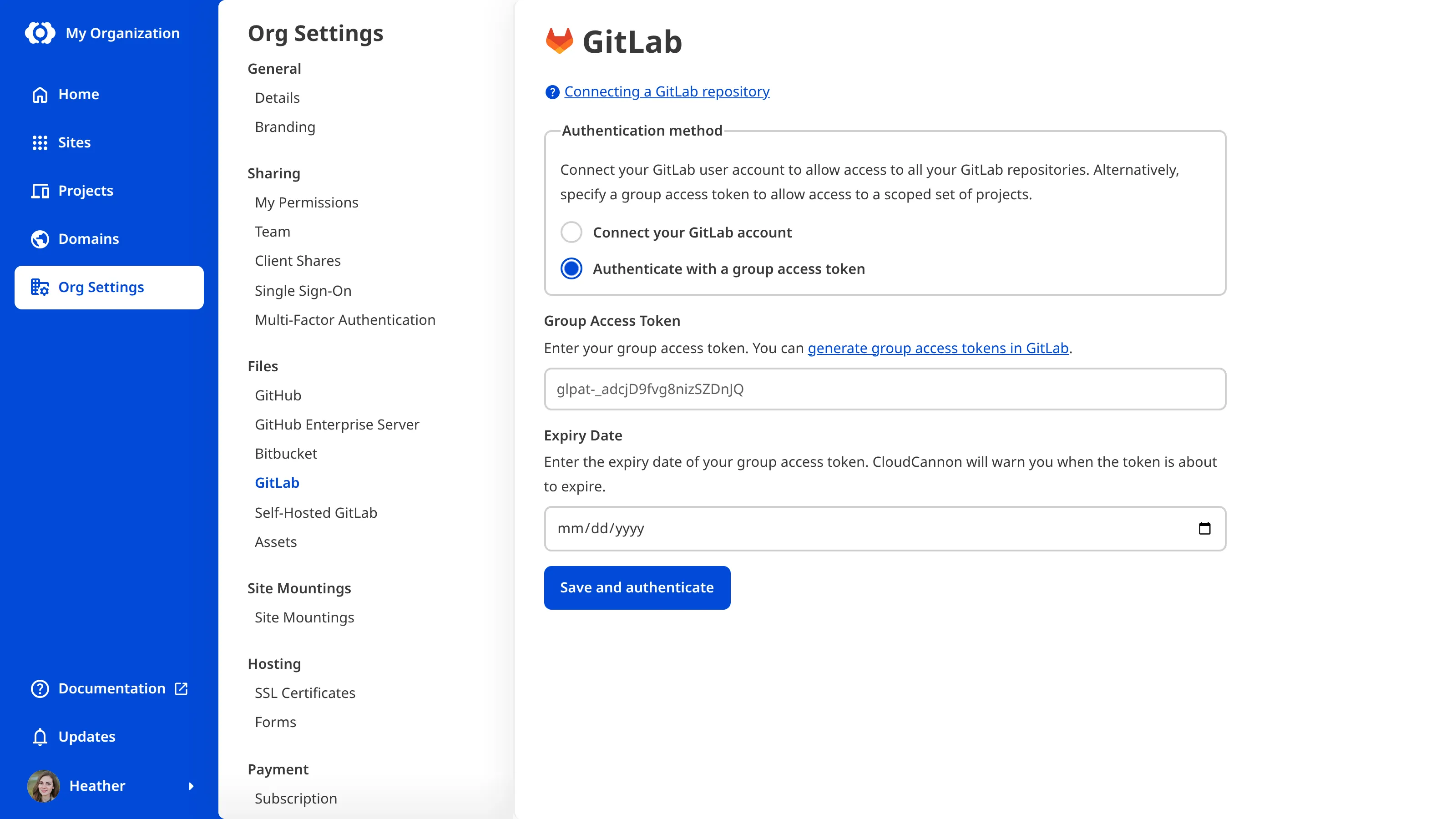 The GitLab Organization Settings page showing the group access token form with fields for the token and expiry date.