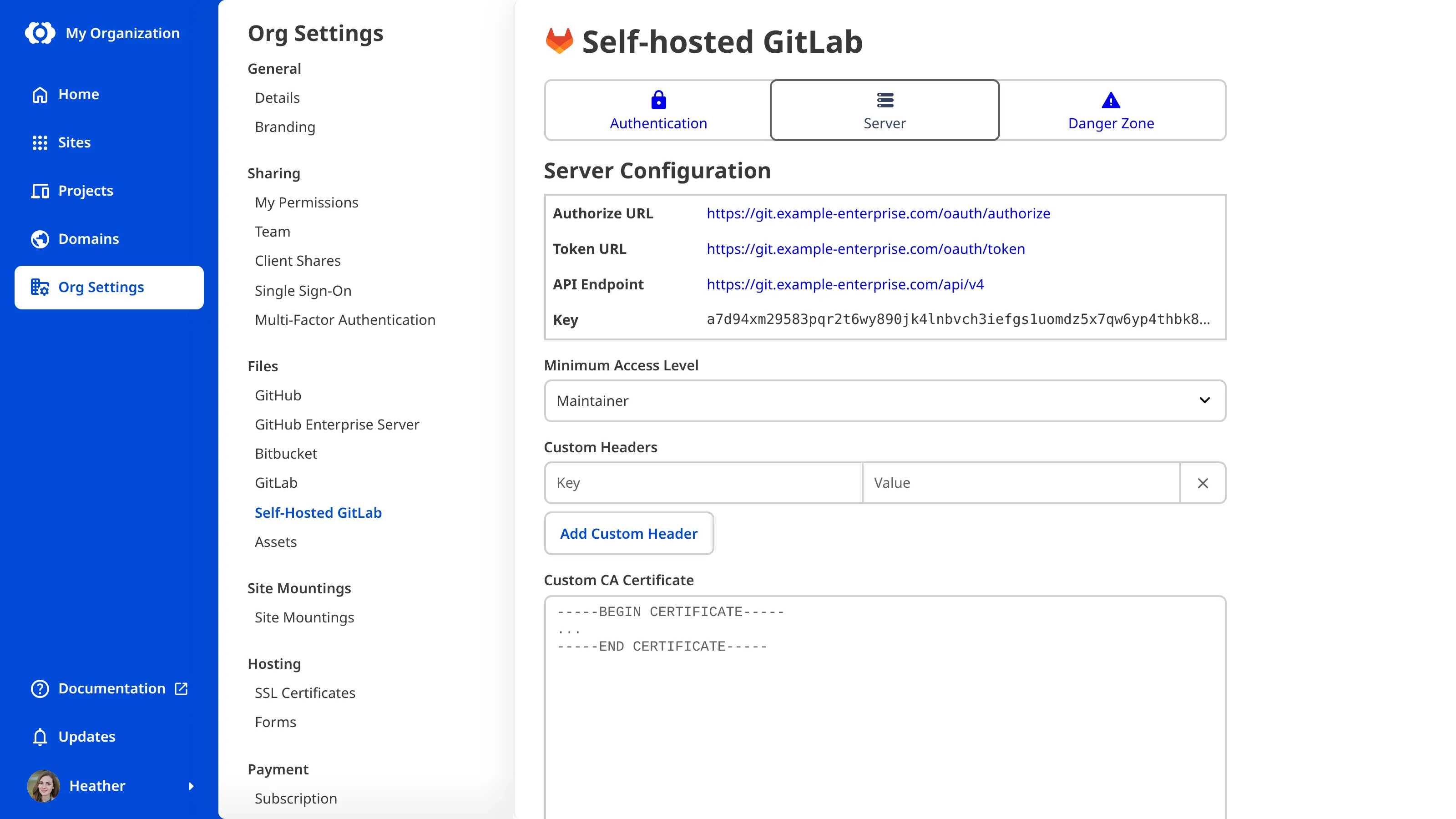 The Self-hosted GitLab Organization Settings Server tab showing options for Minimum Access Level, Custom Headers, and Custom CA Certificate.