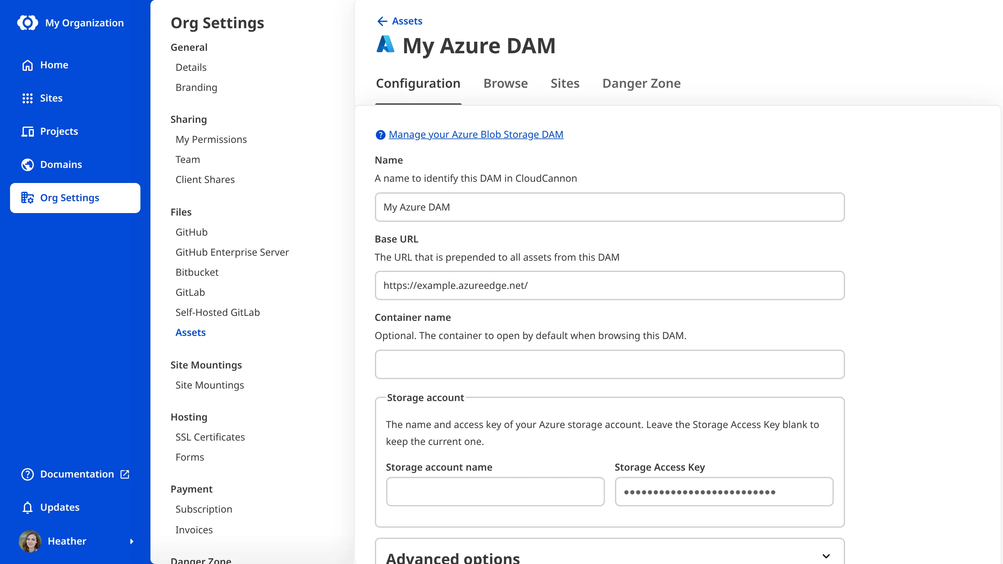 The Configuration tab of an Azure DAM shows fields for Name, Base URL, Container name, Storage account name, Storage Access Key, and advanced options.
