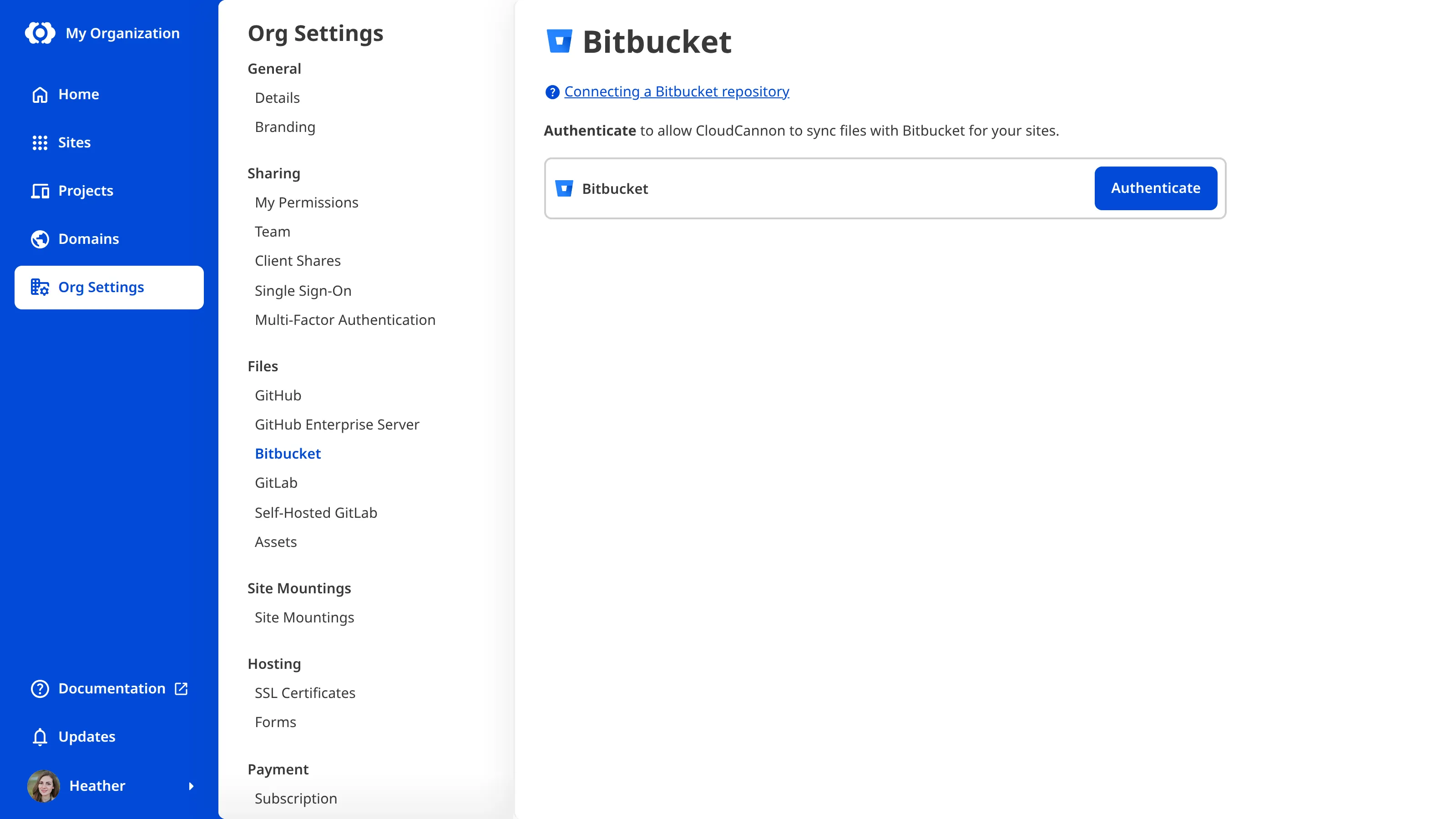 A screenshot of the Bitbucket page under Org Settings shows the authenticate button.
