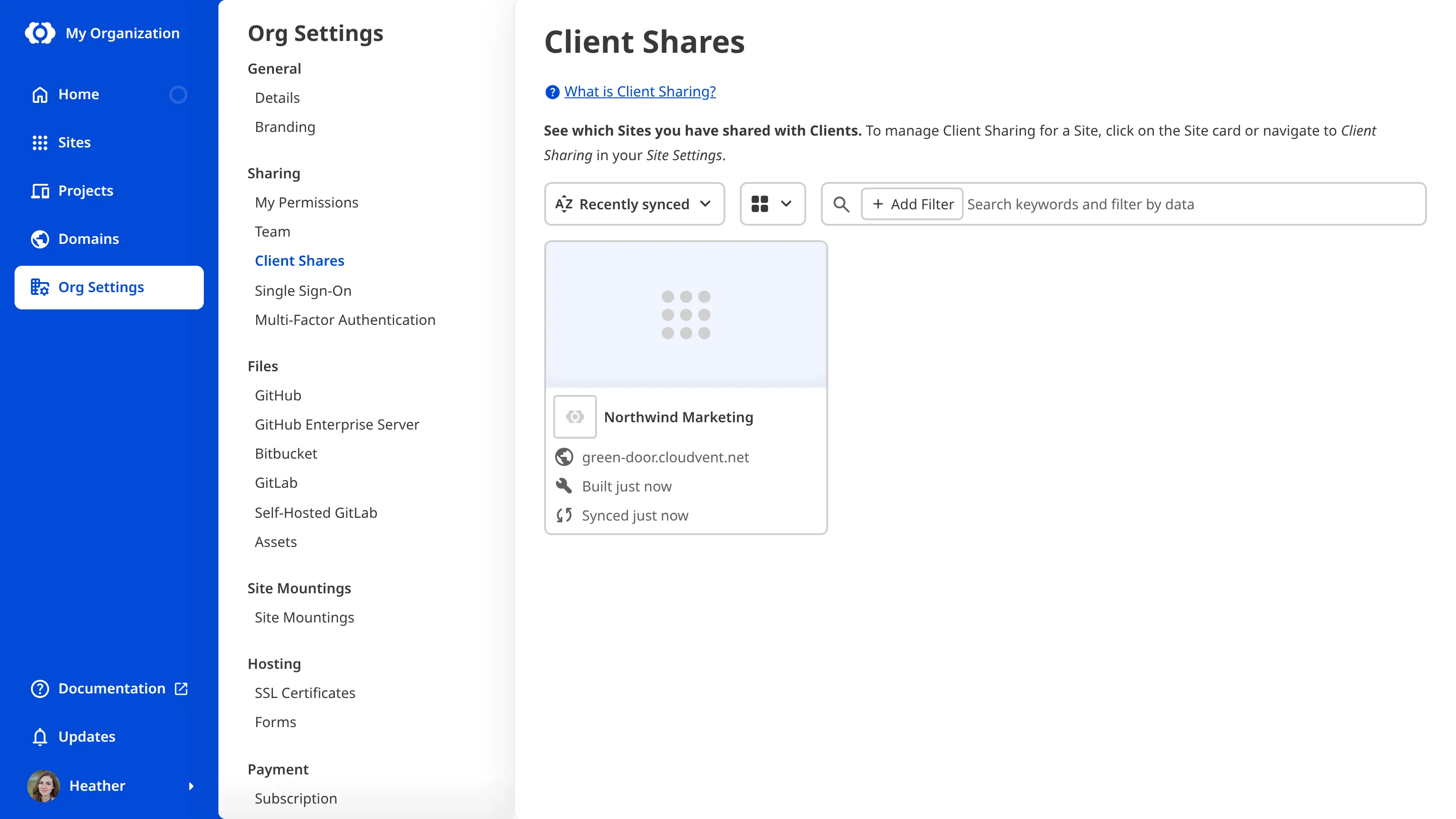 A screenshot of the Client Shares page shows one Site with Client Sharing enabled.