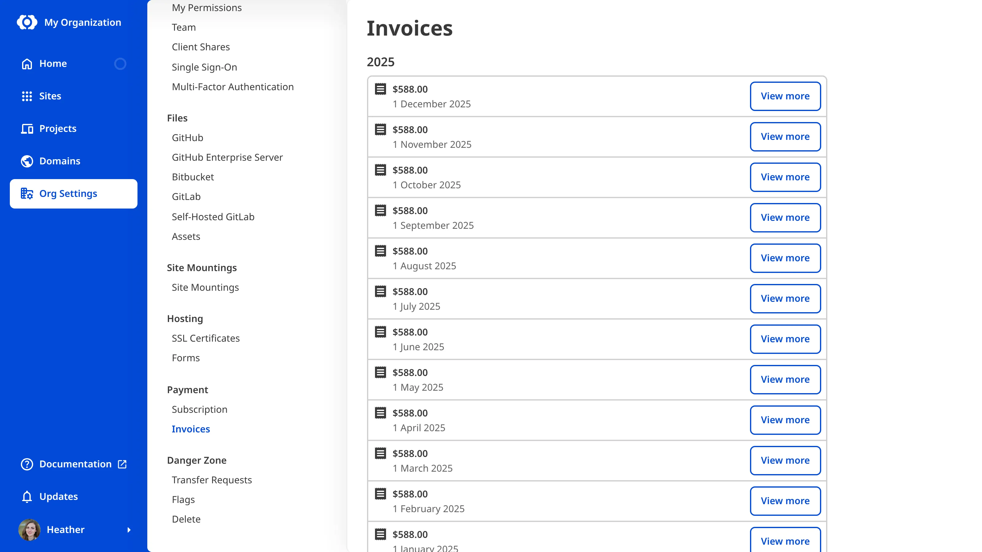 The Invoices page A screenshot of a list of invoices, downloadable as PDFs in CloudCannon.