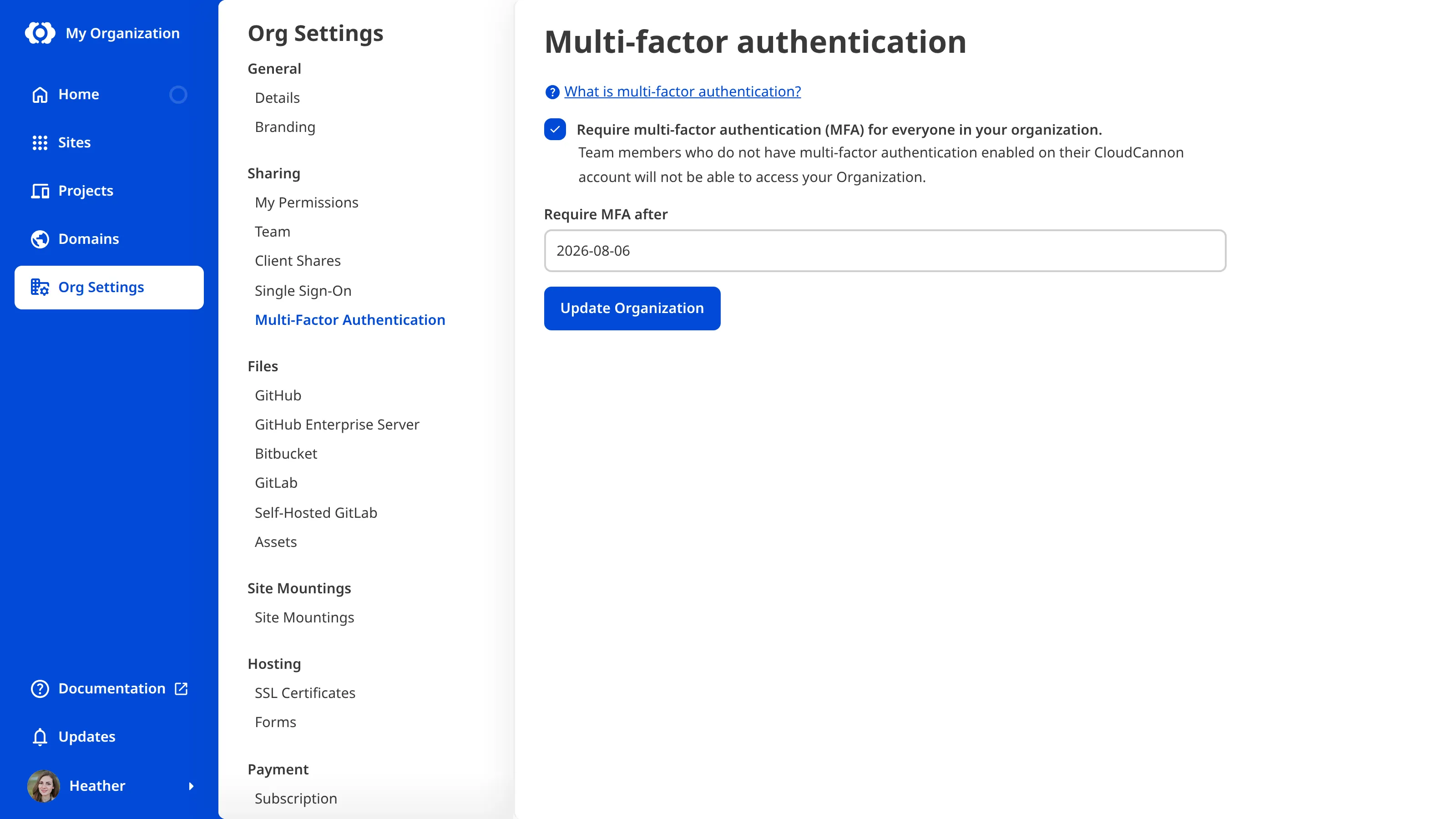 A screenshot of the Multi-factor Authentication page shows a checkbox and date field for enforcing MFA.