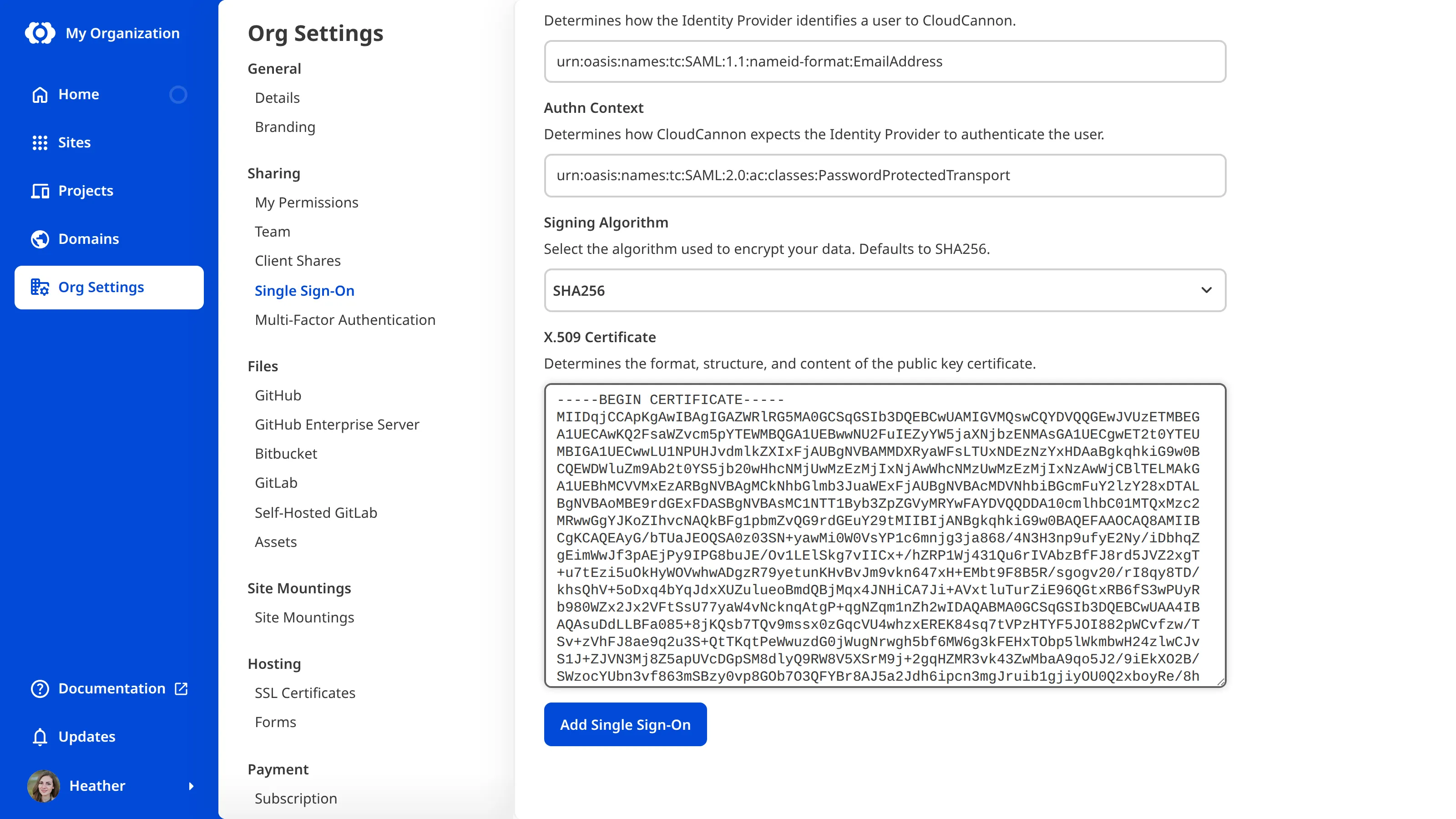 A screenshot of the CloudCannon Single Sign-On page under Org Settings.