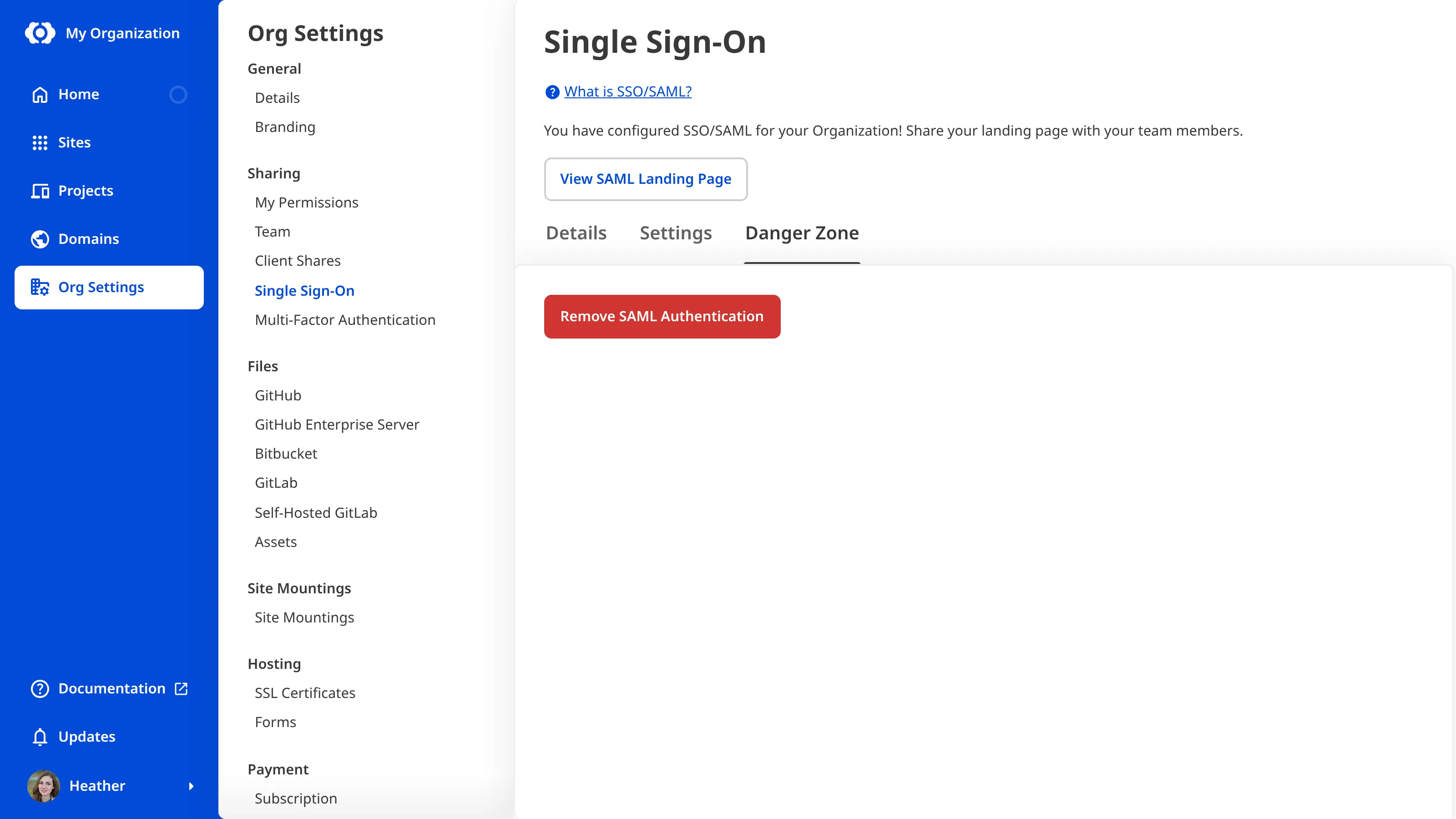 The Single Sign-On page A screenshot of the Danger Zone Tab on the Single Sign-On page shows the Remove SAML Authentication button.