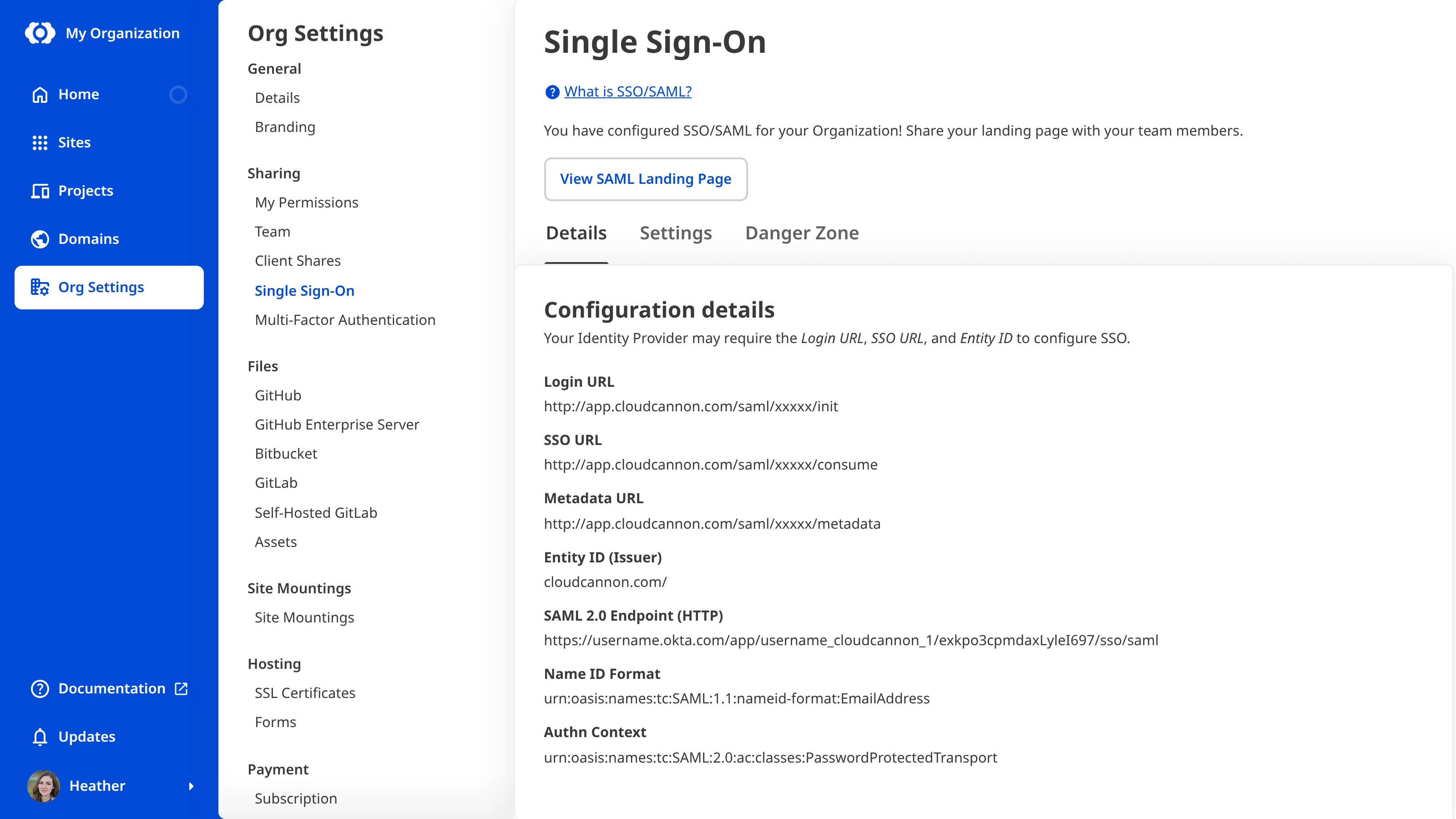 The Single Sign-On page A screenshot of the Details Tab on the Single Sign-On page shows the details of your SSO configuration.