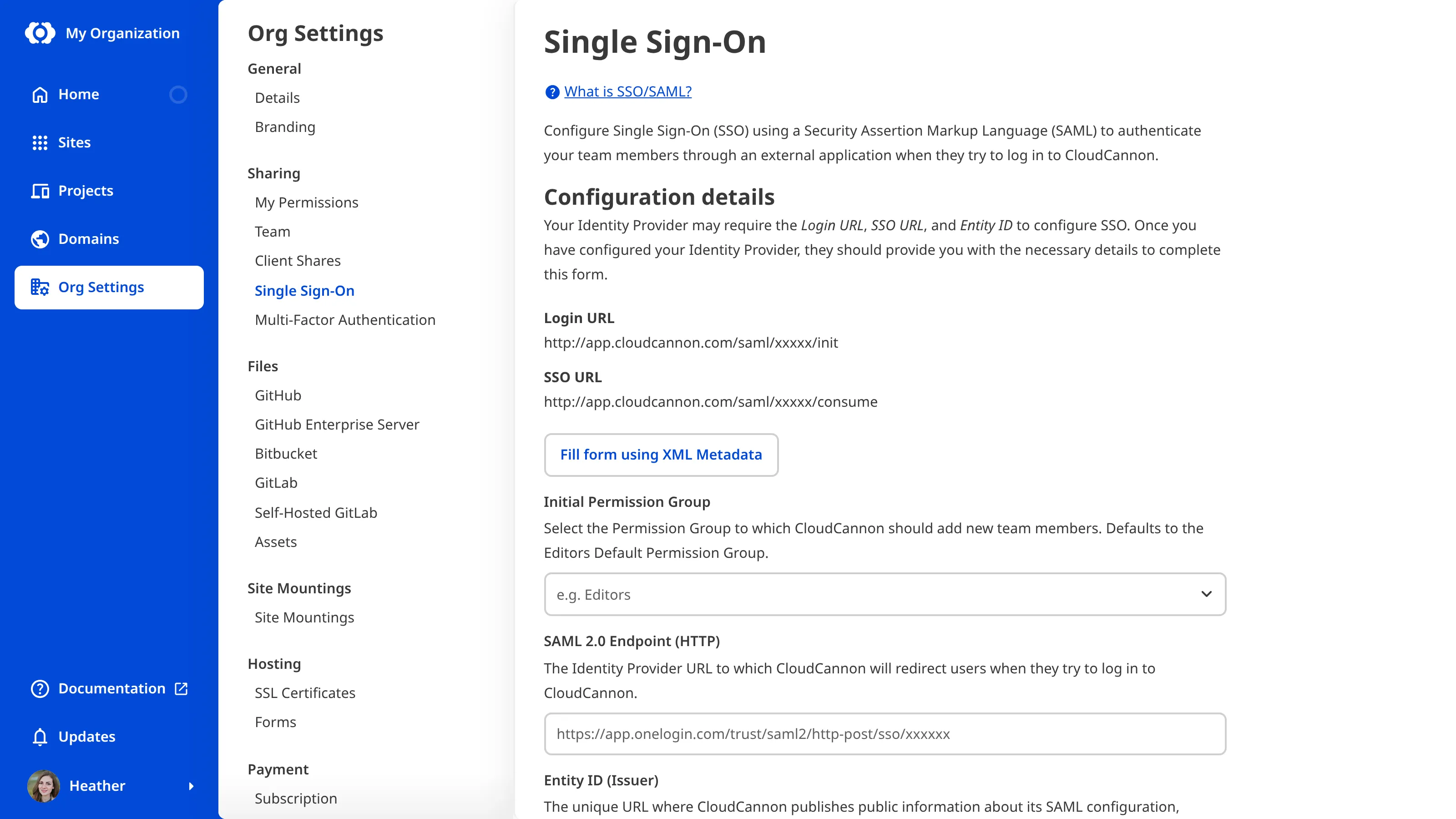 A screenshot of the Single Sign-On page shows the configuration details for initial set up of your Identity Provider.