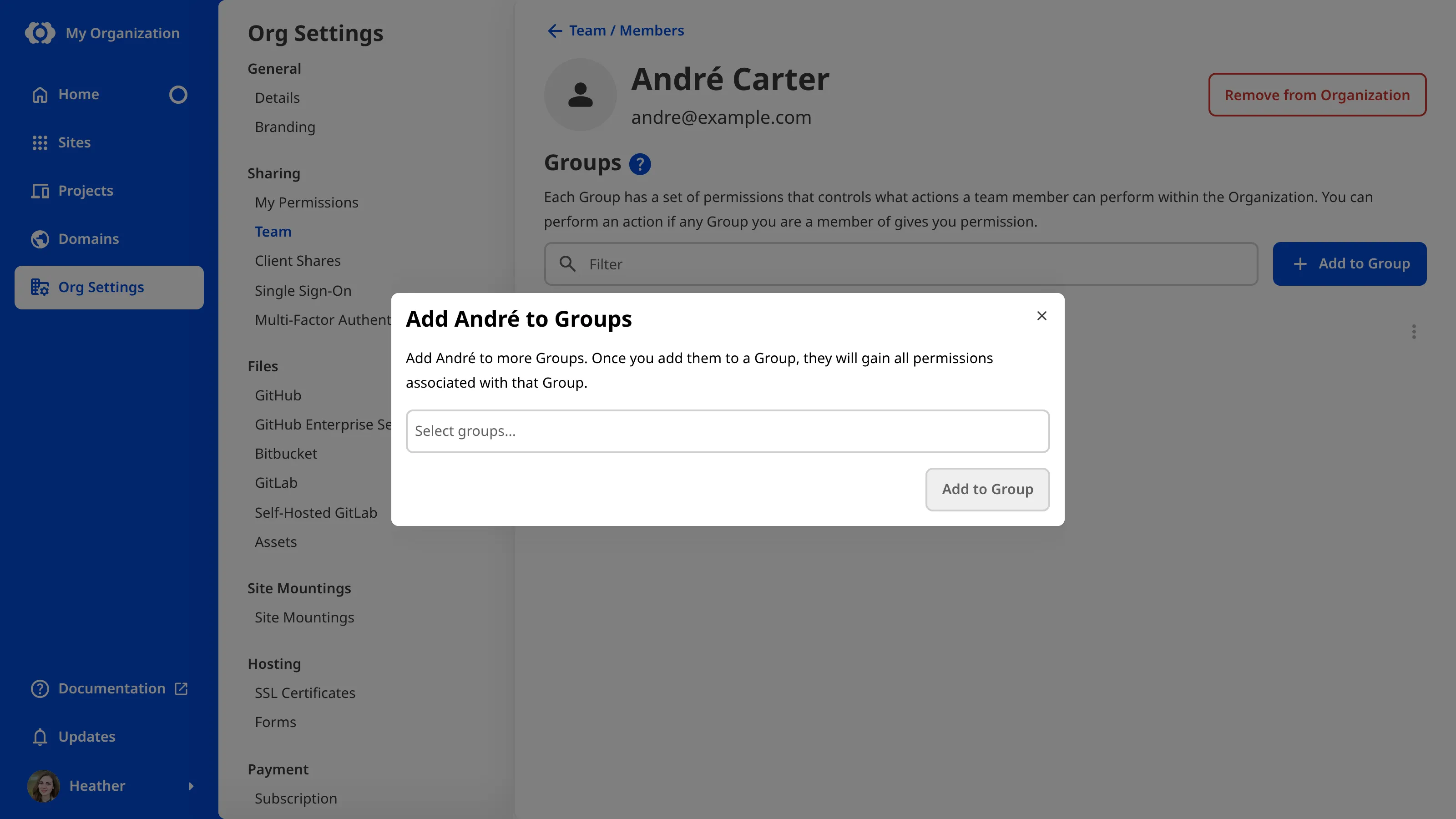 Adding a Team Member to Permission Groups A screenshot of the Team Member page shows the modal for adding a Team Member to Permission Groups, with a Permission Groups field.