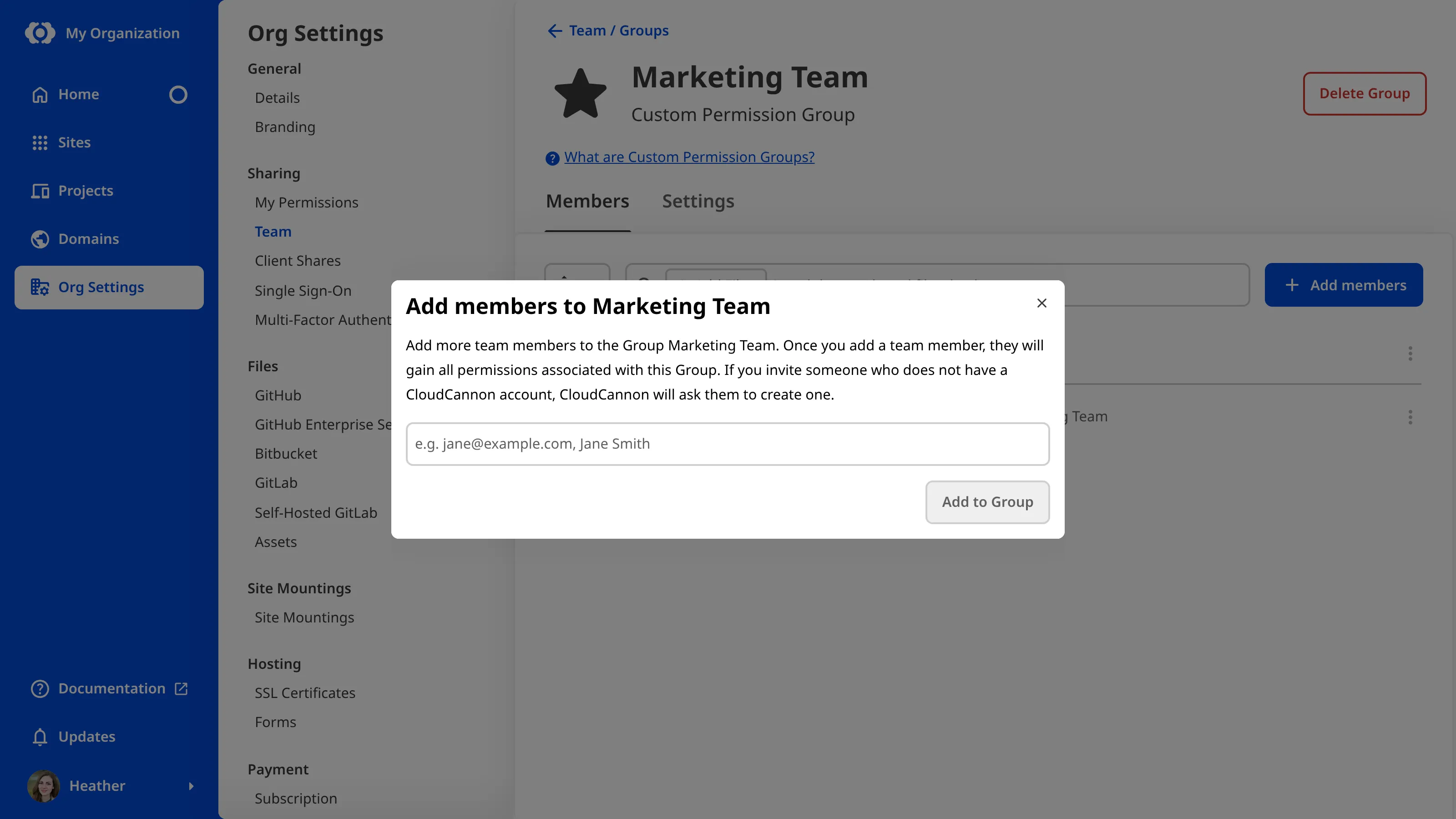 Adding members to a Permission Group A screenshot of the Developers Permission Group page shows the Add members to Developers modal with a field for names.