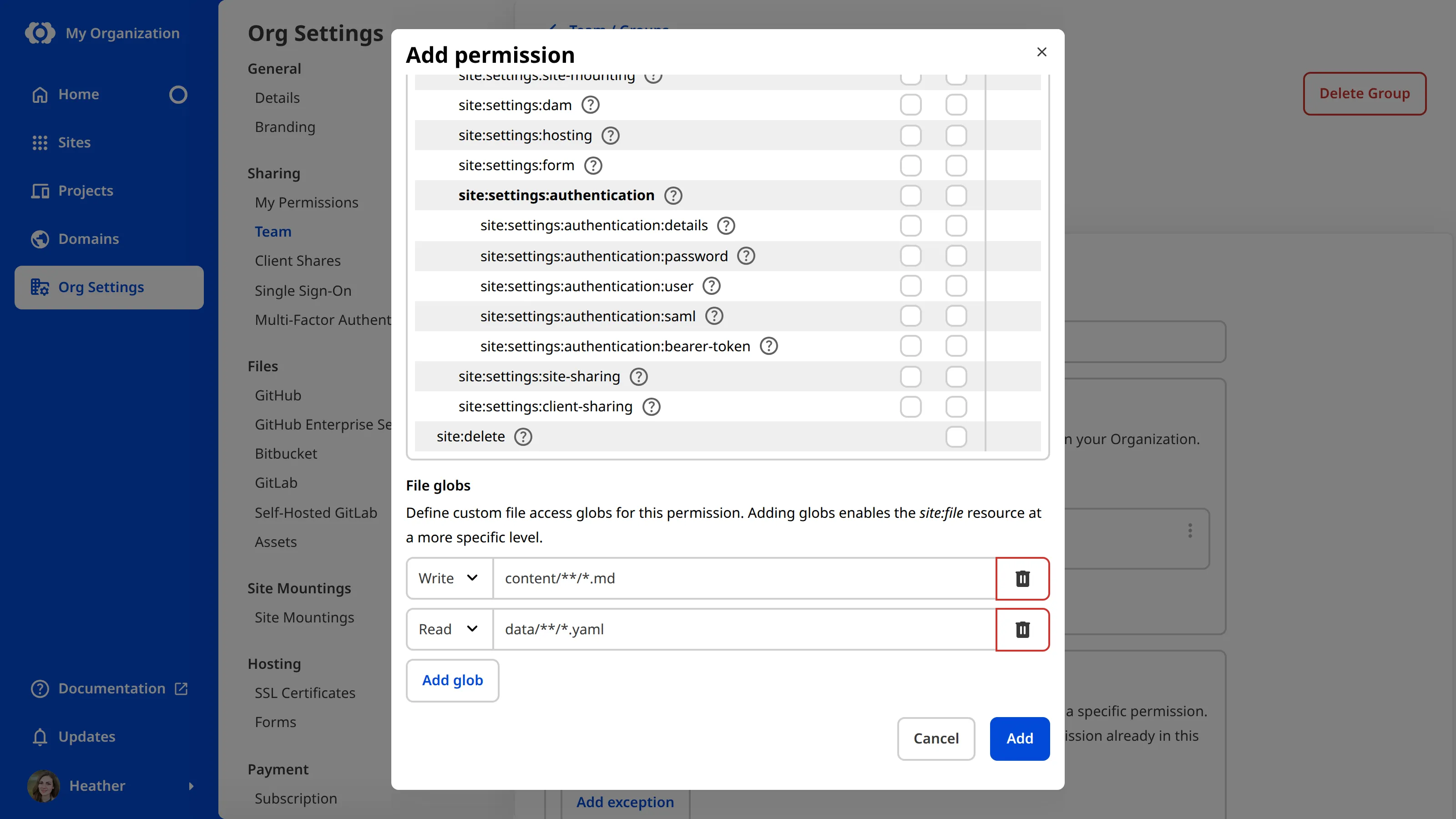 The Add Permission modal A screenshot of the Add Permission modal shows two fields specifying file globs, one at read level and one at write.