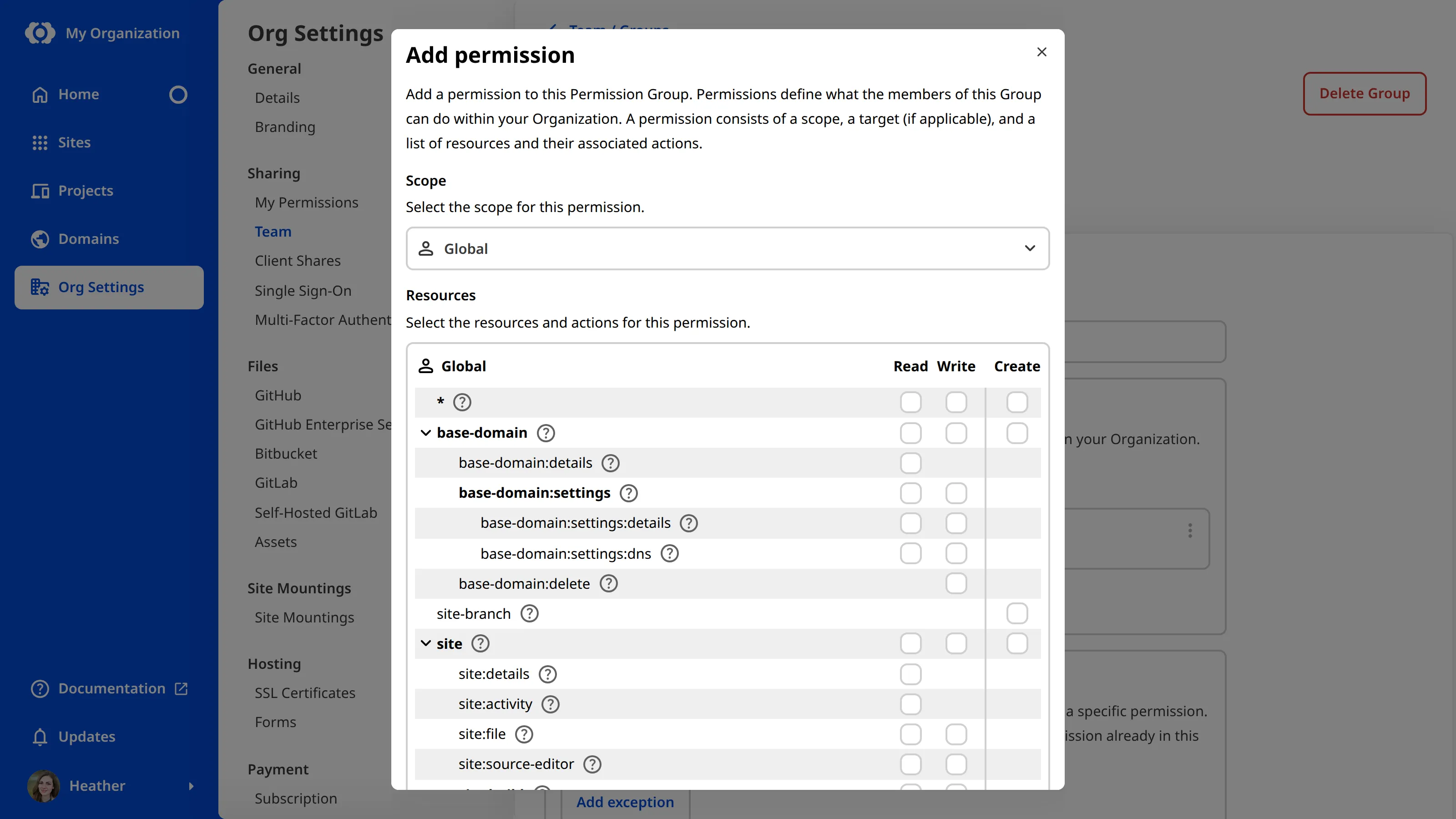 A screenshot of the Add permission modal shows a list of Resources, such as base-domain and site, each with Read, Write, and Create action checkboxes.