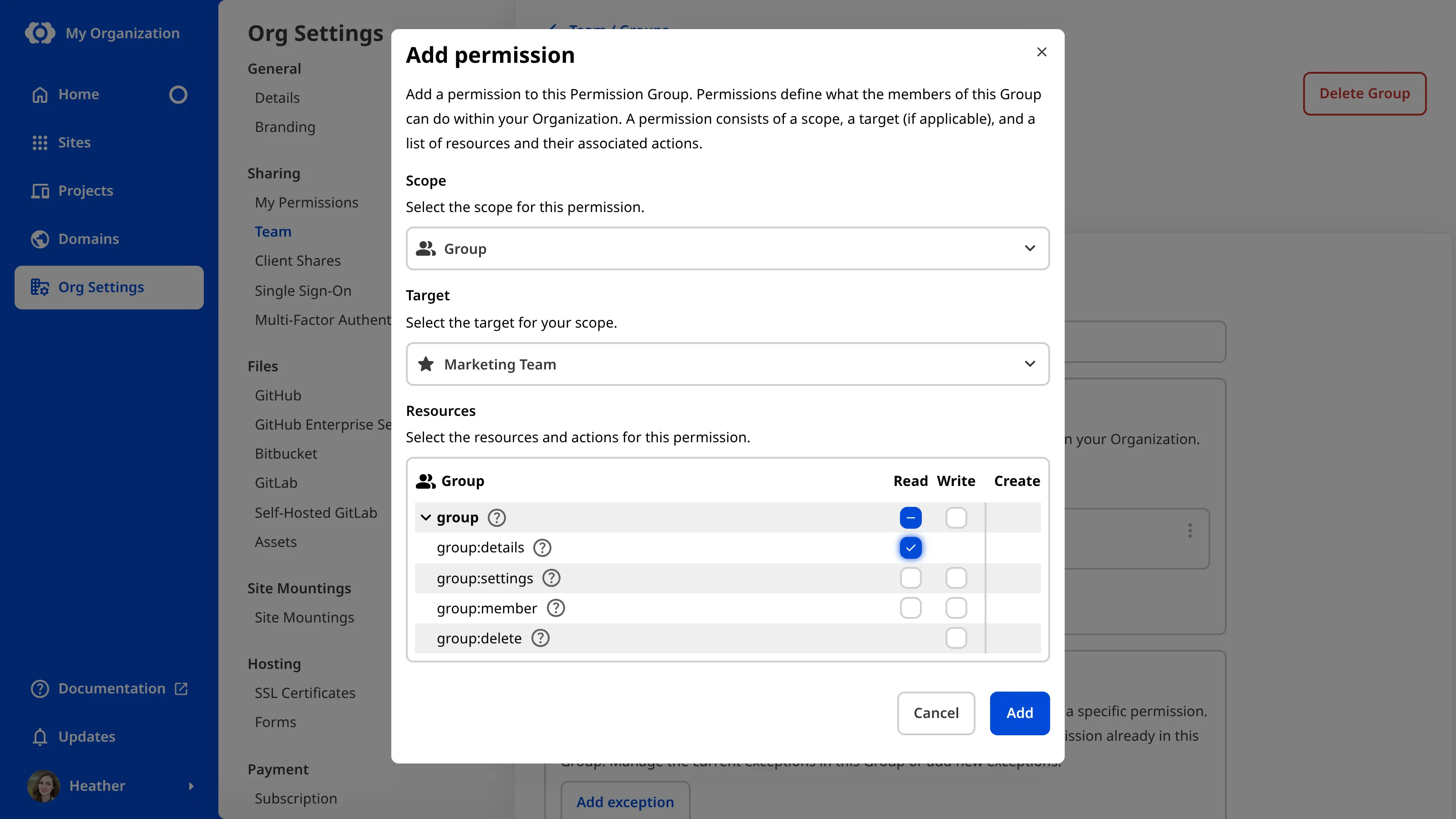 The Add Permission modal A screenshot of the Add Permission modal shows that selecting the Group scope will add a Target field.