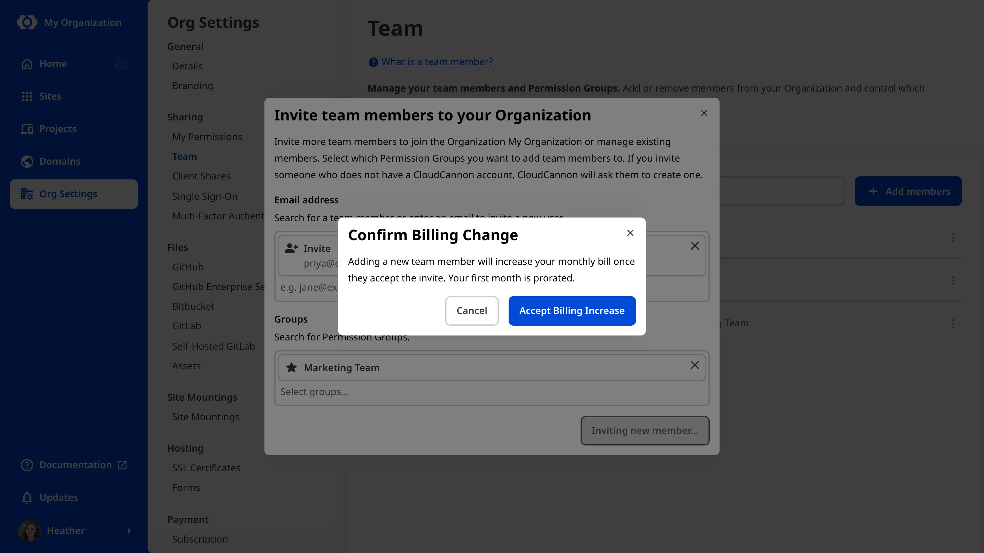 A screenshot of the Confirm Billing Change modal shows a message that adding a new Team Member will increase your monthly bill once they accept the invite, with Cancel and Accept Billing Increase buttons.