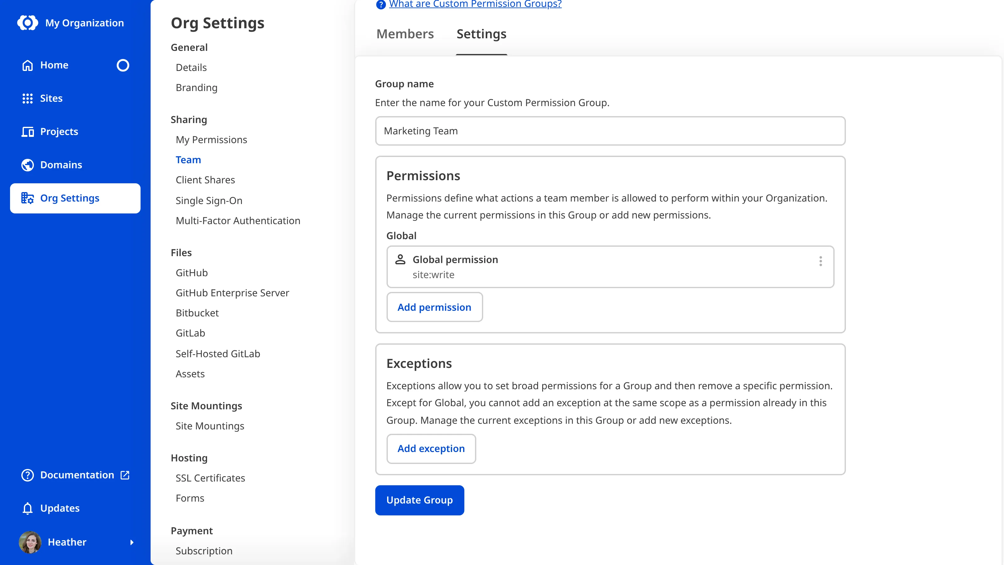 The Custom Permission Group Settings tab A screenshot of the Custom Permission Group Settings tab, scrolled down to show the Add exception button.