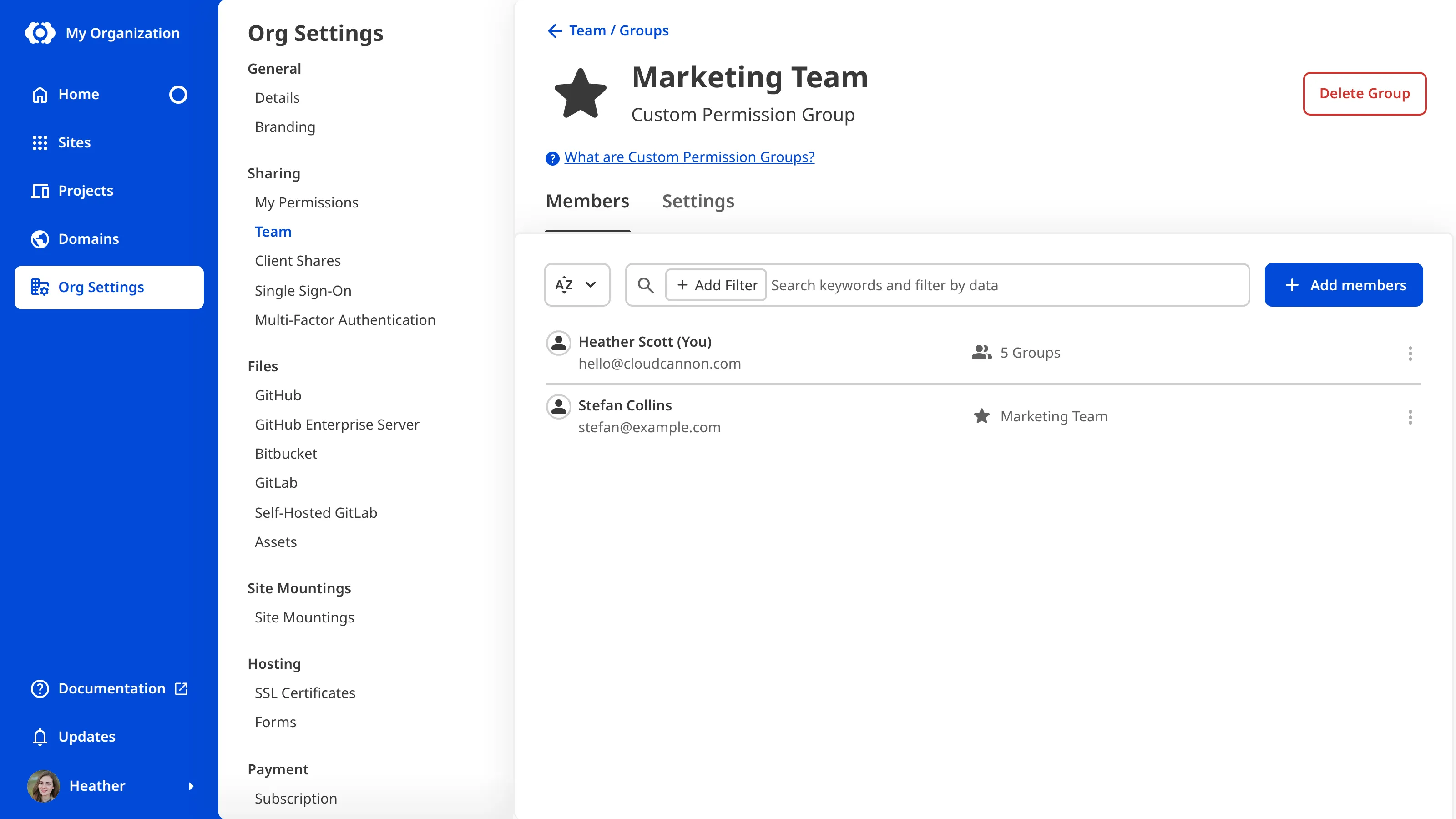 A screenshot of the Marketing Team Custom Permission Group page shows the Delete Group button.