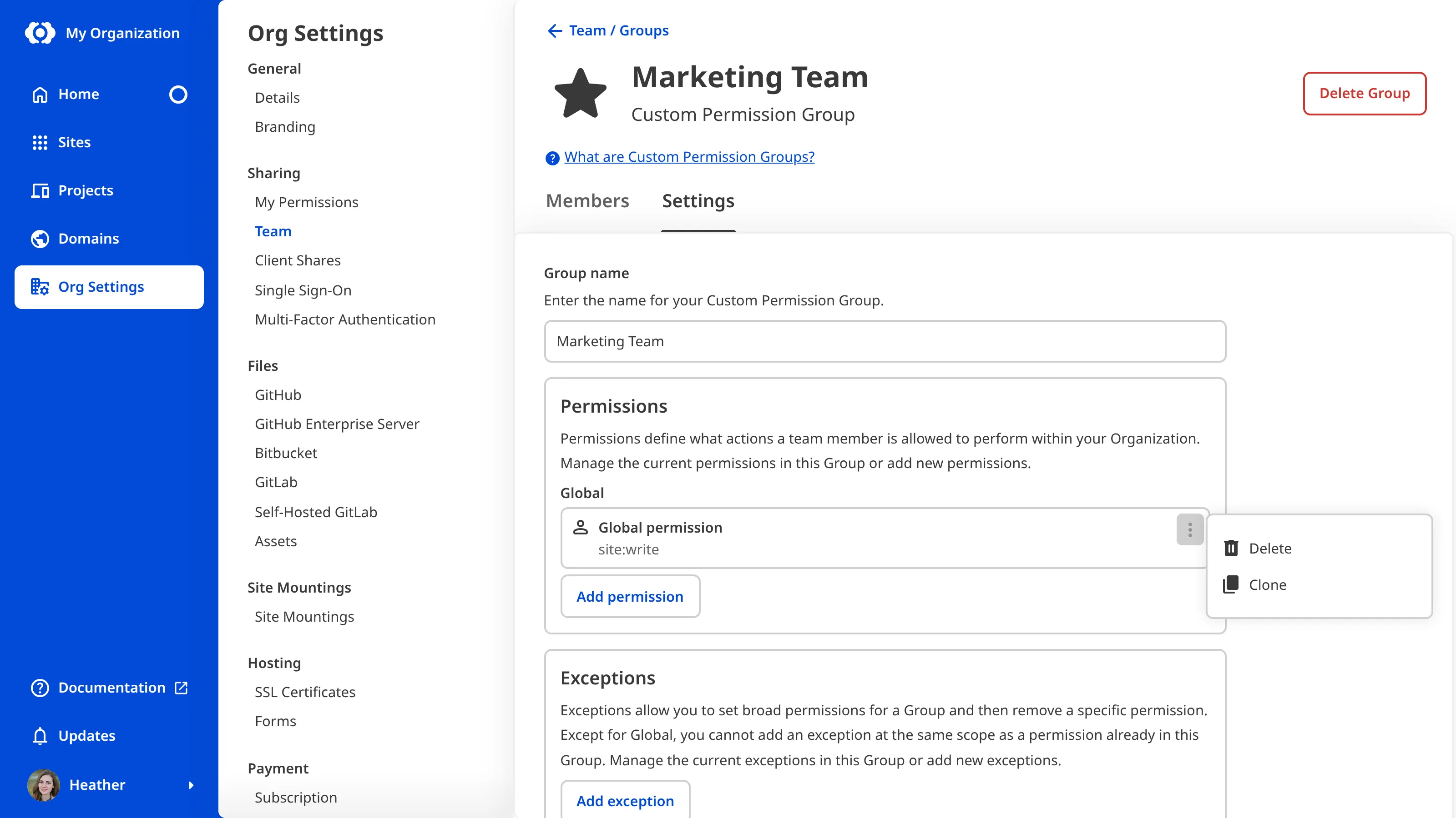 A screenshot of the Marketing Team Permission Group page shows the context menu open on a permission card with Delete and Clone options.