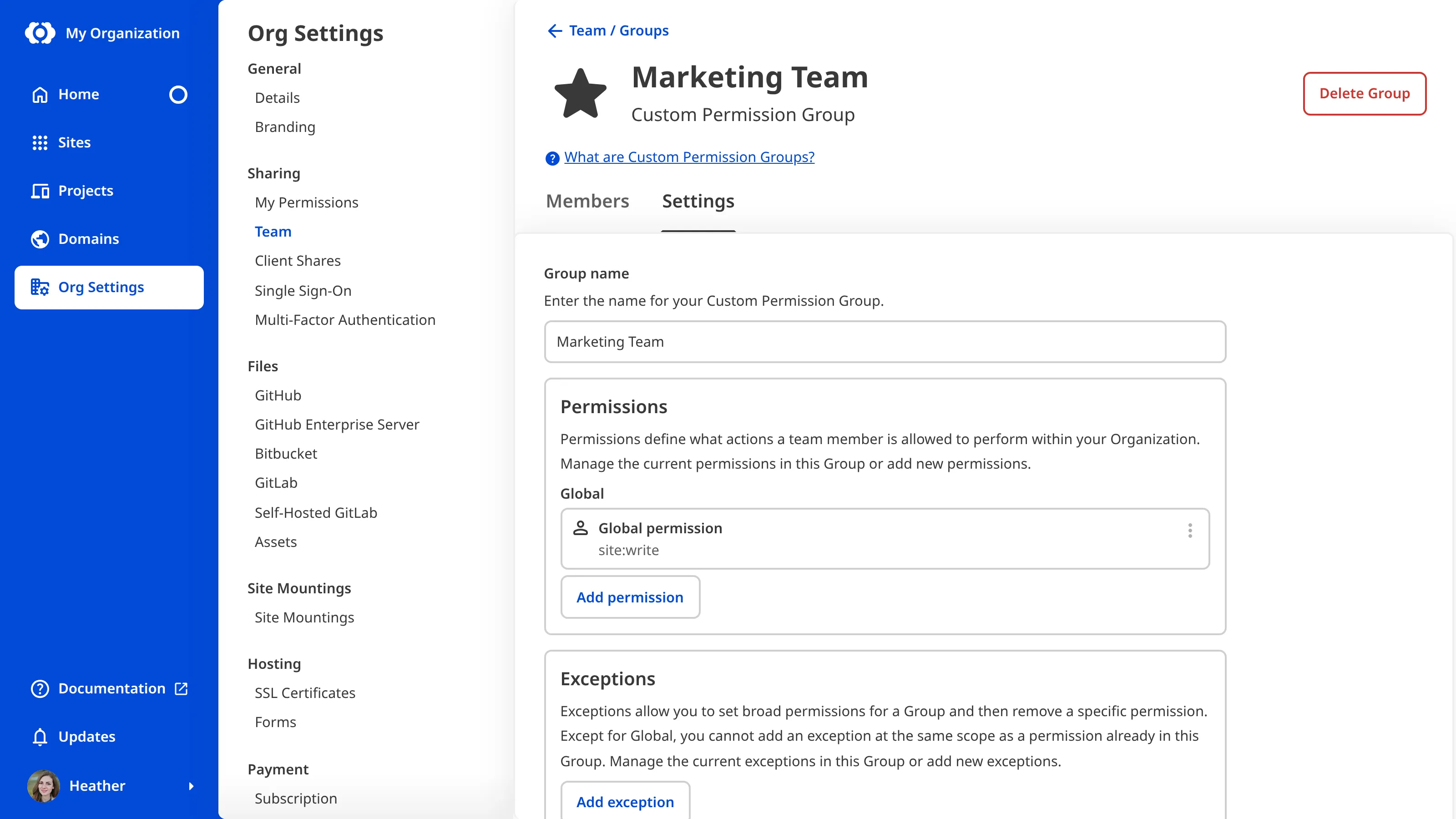 A screenshot of the Marketing Team Permission Group page shows permissions and the Add Permission button.