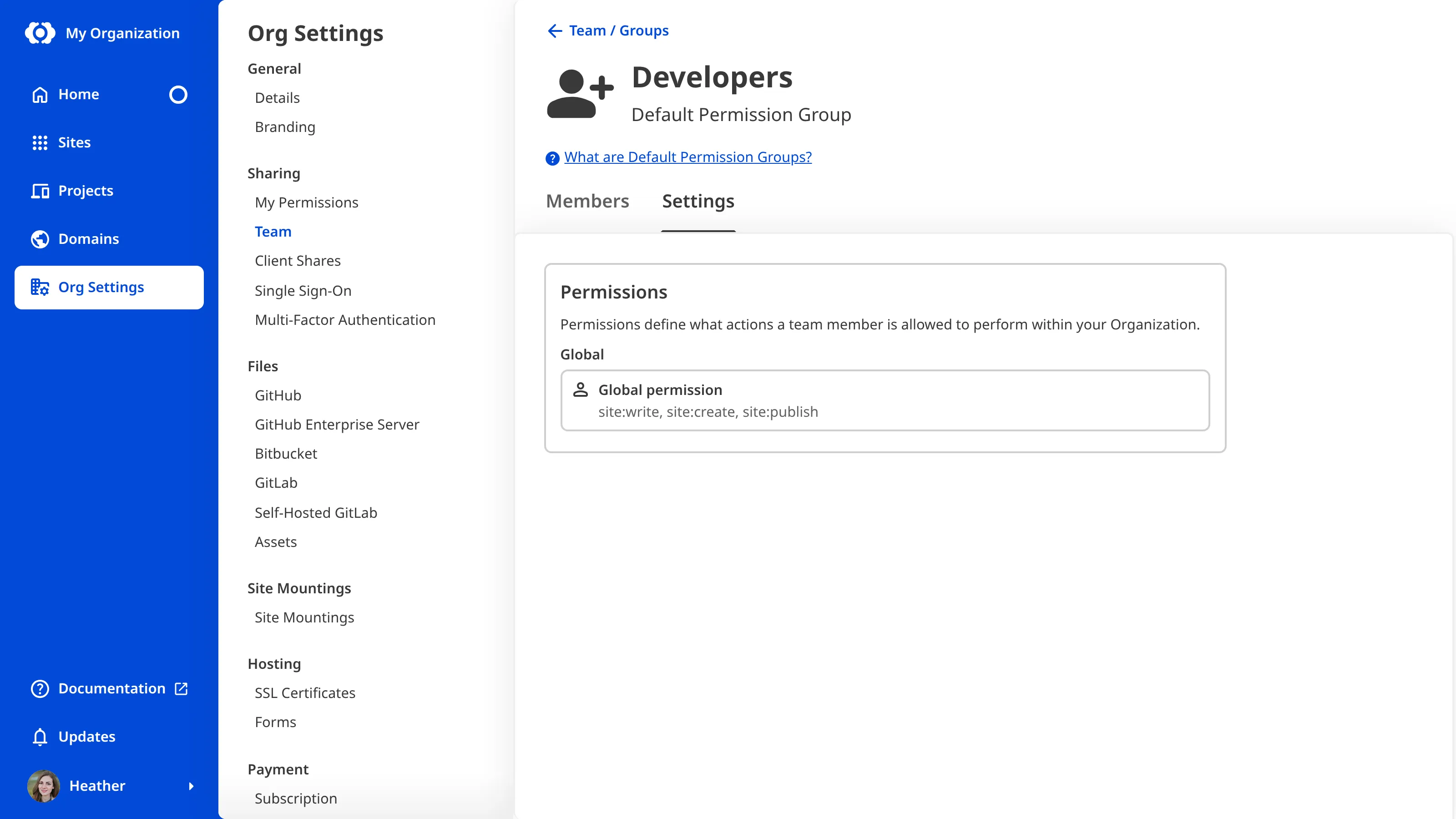 A screenshot of the Developers Permission Group page shows one permission under the Settings tab.