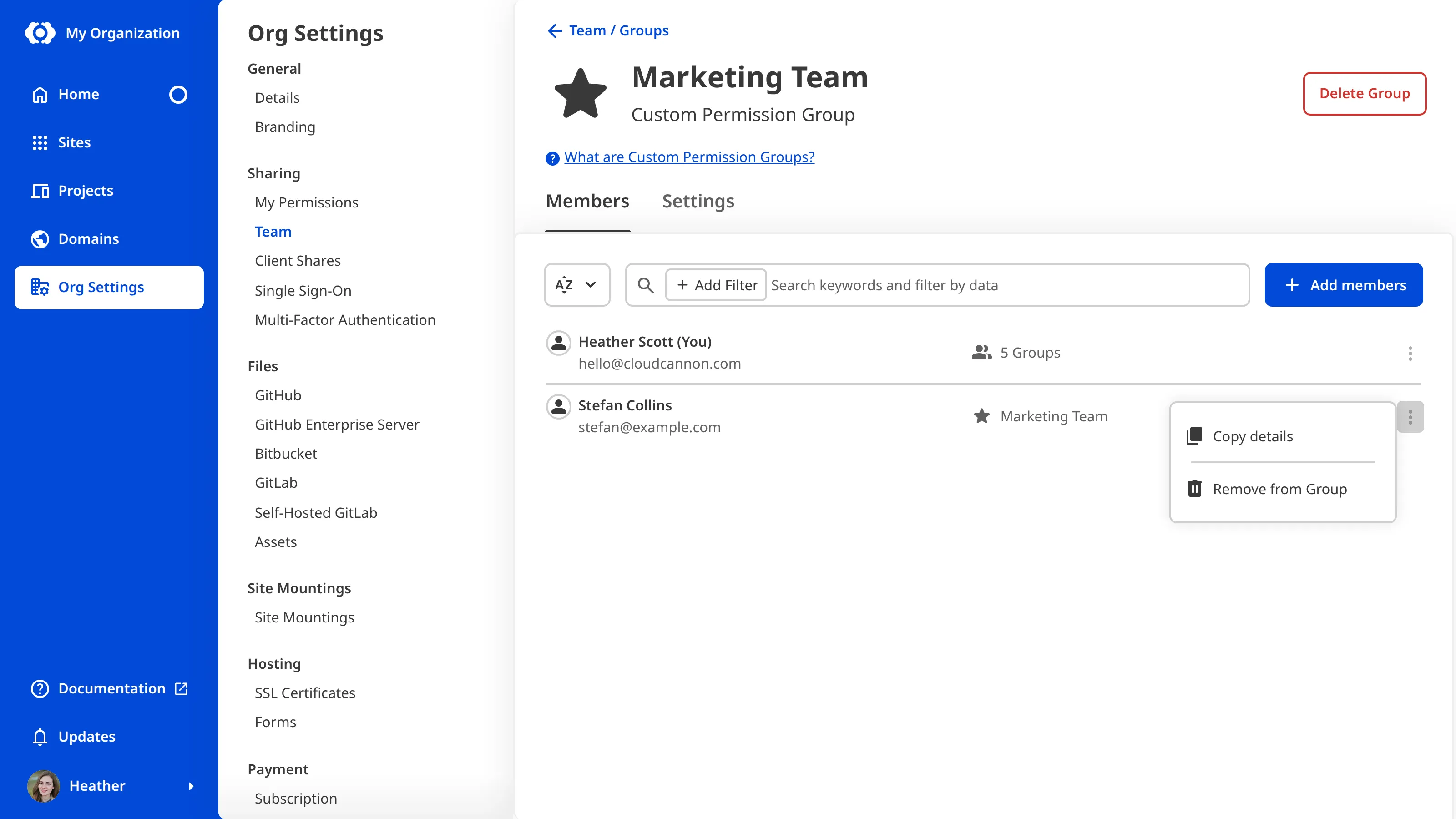 A screenshot of the Editors Permission Group page shows the Context Menu for a Team Member with the option to Remove from Group.