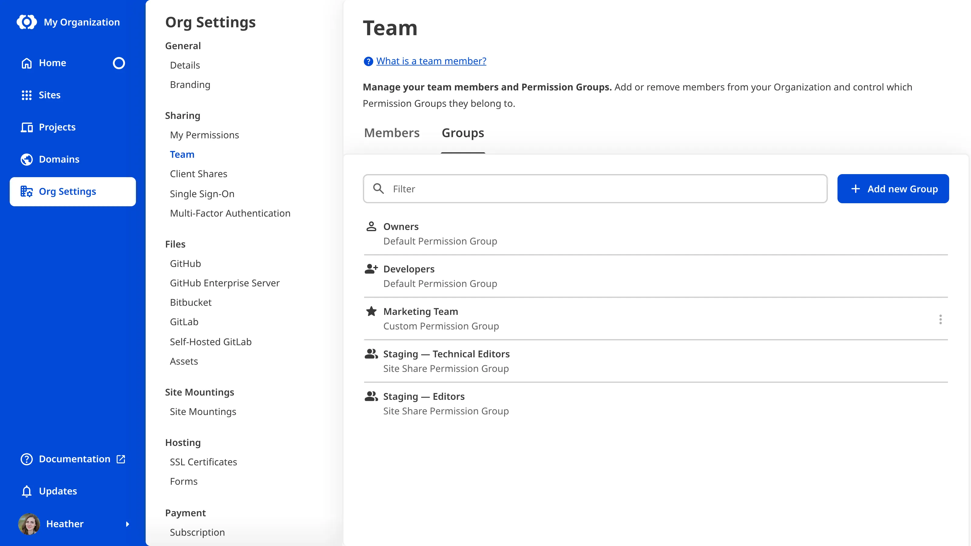 A screenshot of the Groups tab on the Team page shows Default, Custom, and Site Share Permission Groups.