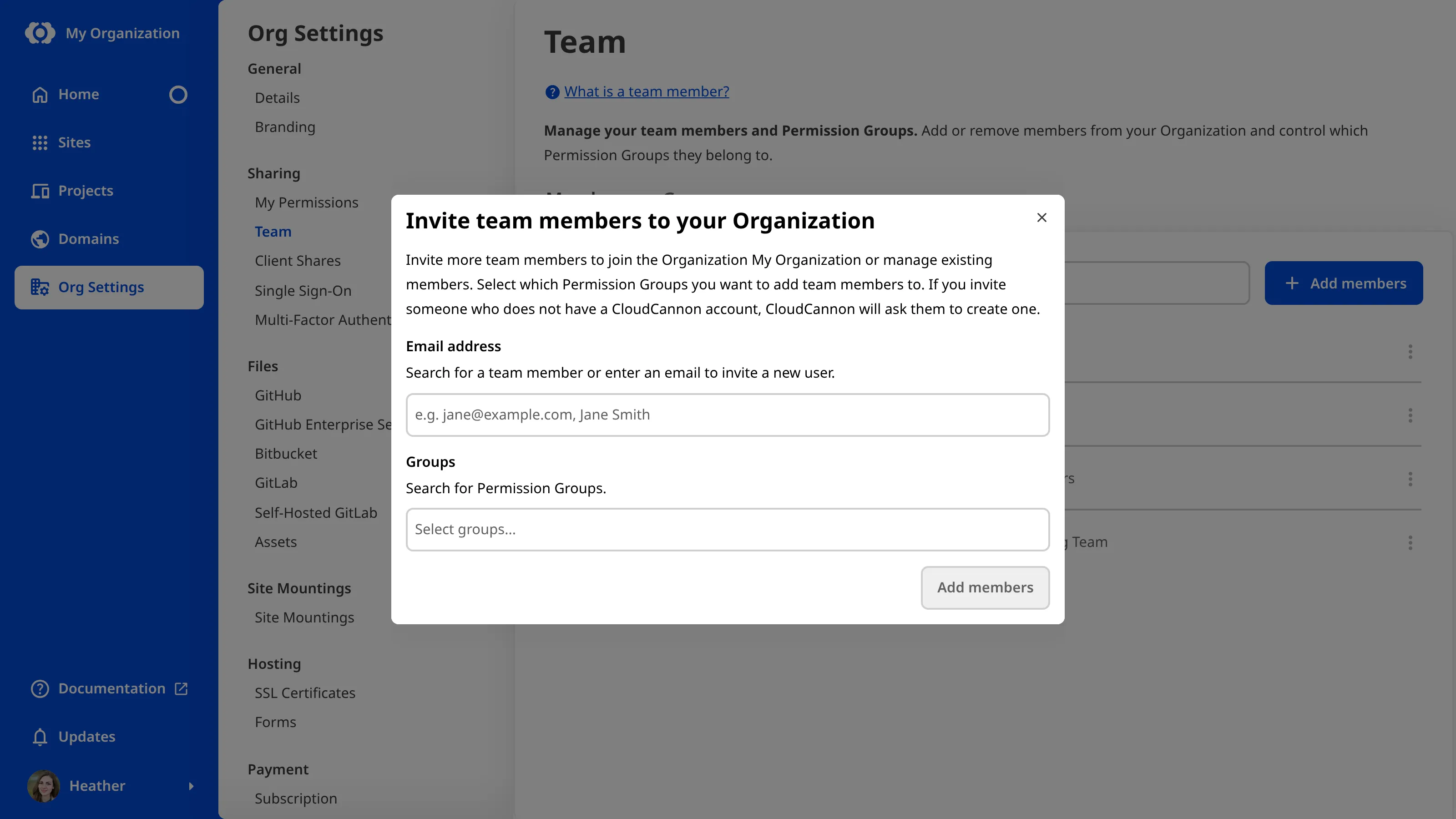 The Invite Team Members modal A screenshot of the Team page shows the Invite team members modal with two fields for email addresses and Permission Groups.