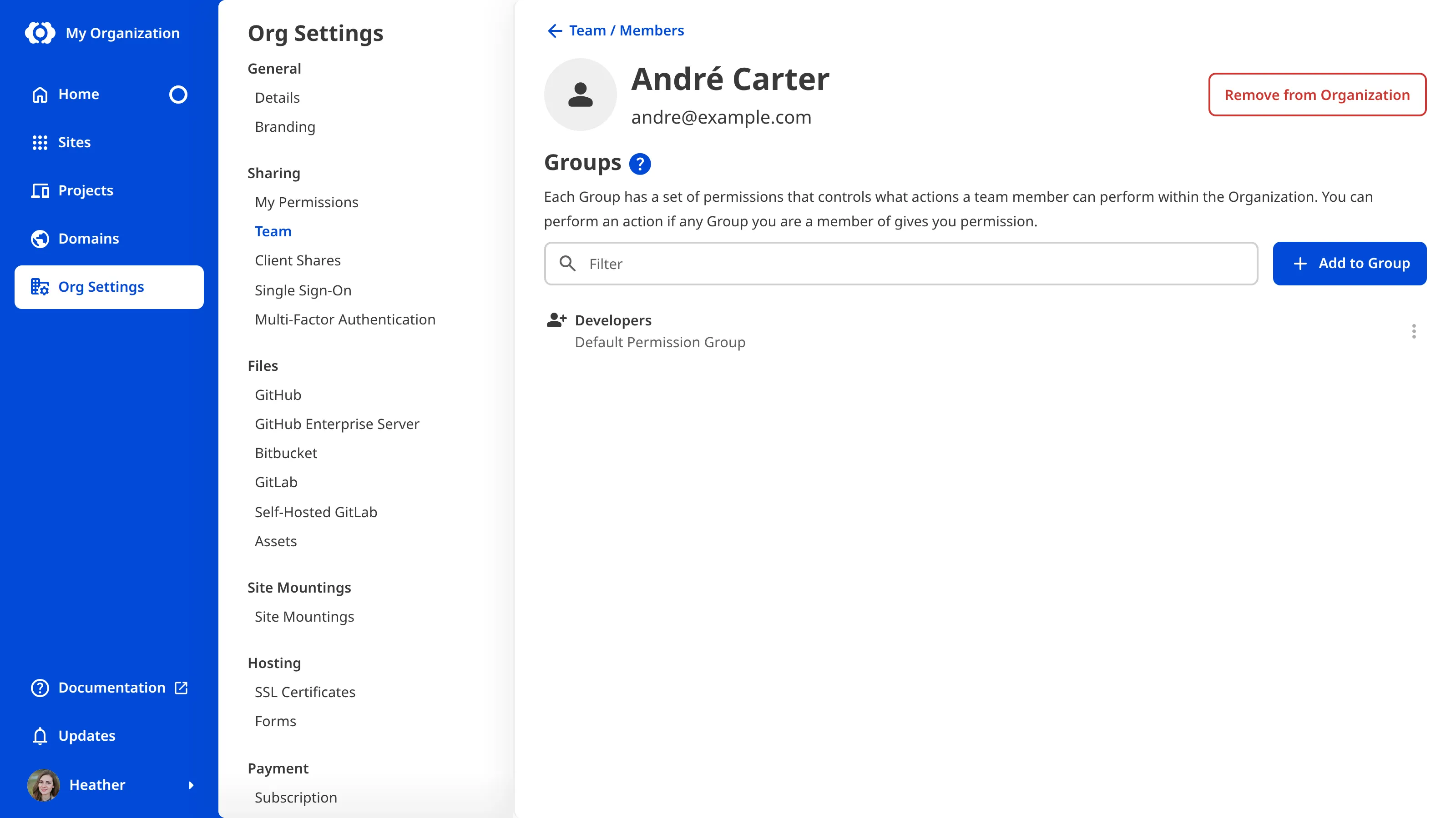 A screenshot of the Team Member page shows one Permission Group and the Remove from Organization button.