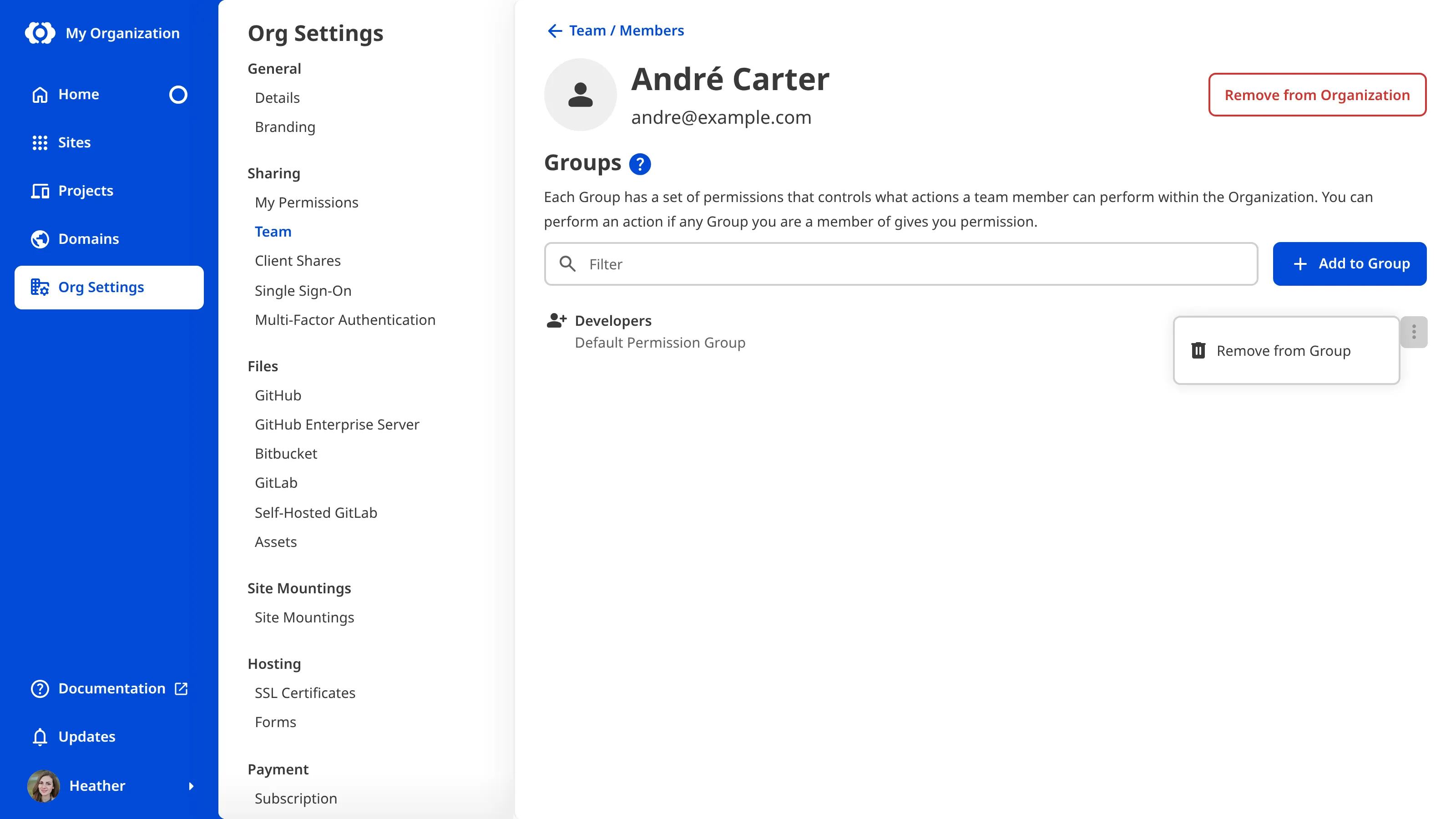 A screenshot of the Team Member page shows the Context Menu for a Permission Group with the option to Remove from Group.